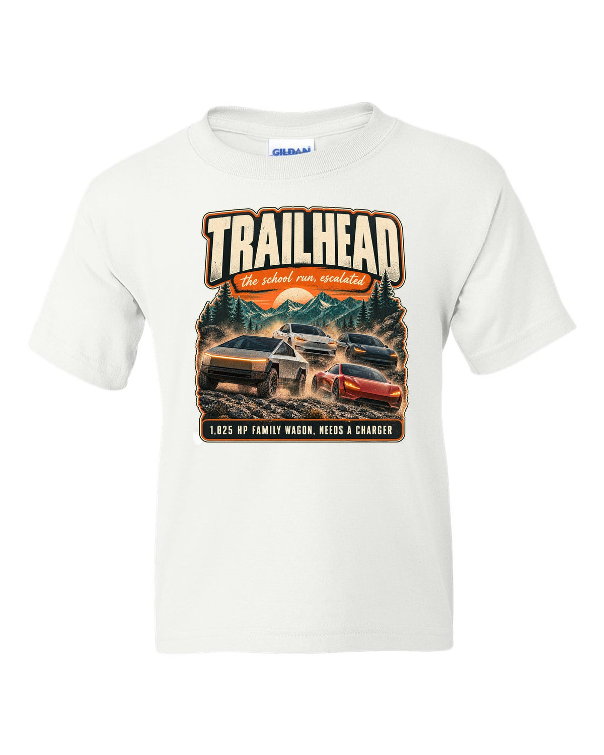 Street poster print of a Rivian R1S with trailhead and horsepower text white kids tee front view with the design