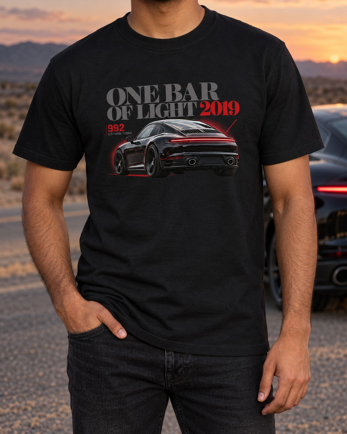 One Bar Of Light Porsche 992 Carrera S Editorial Shirt T-Shirt Black worn hero