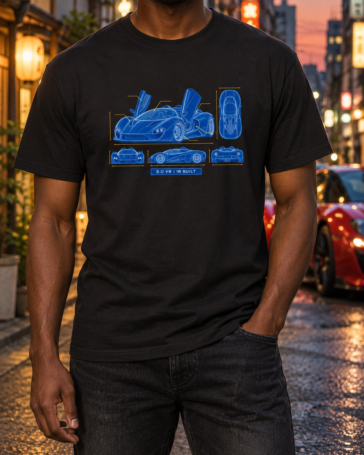 Alfa Romeo 33 Stradale Cyanotype Tee, 2.0 V8, 18 Built T-Shirt Black worn hero