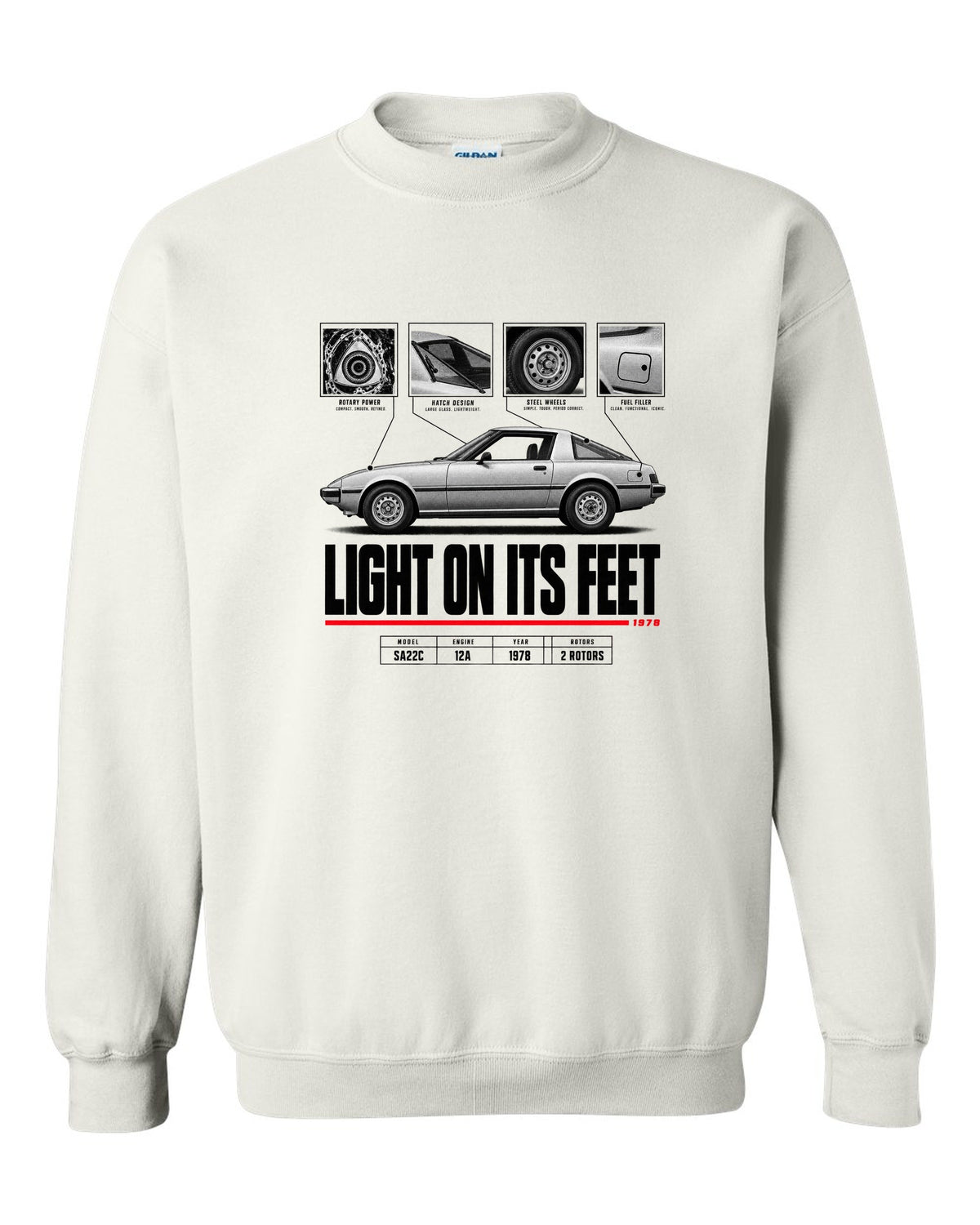 Spec poster print of a Mazda RX-7 SA22C Savanna with 12A lettering white crewneck front view with the design