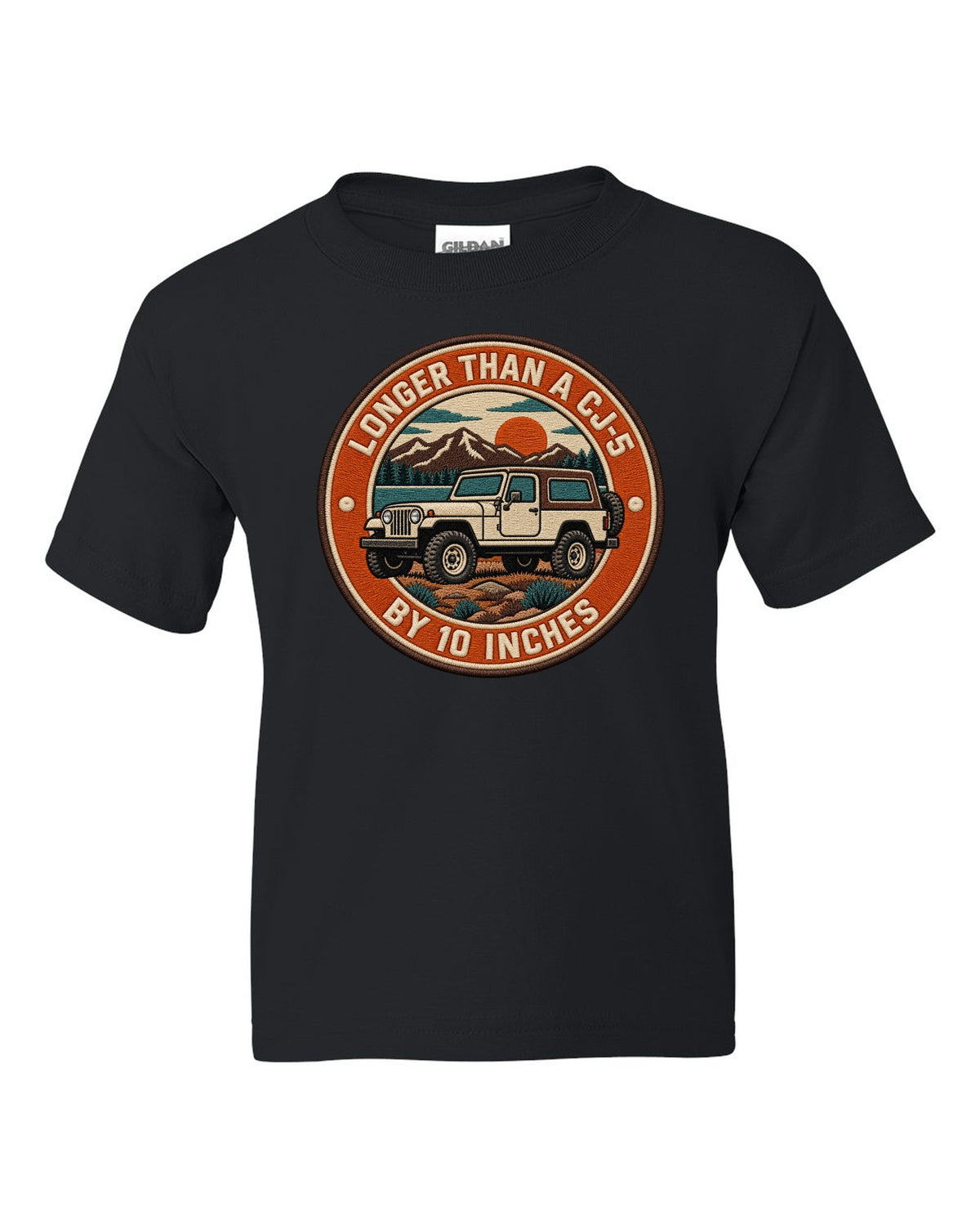 Embroidery-style varsity crest print of a Jeep CJ-7 with wheelbase text black kids tee front view with the design