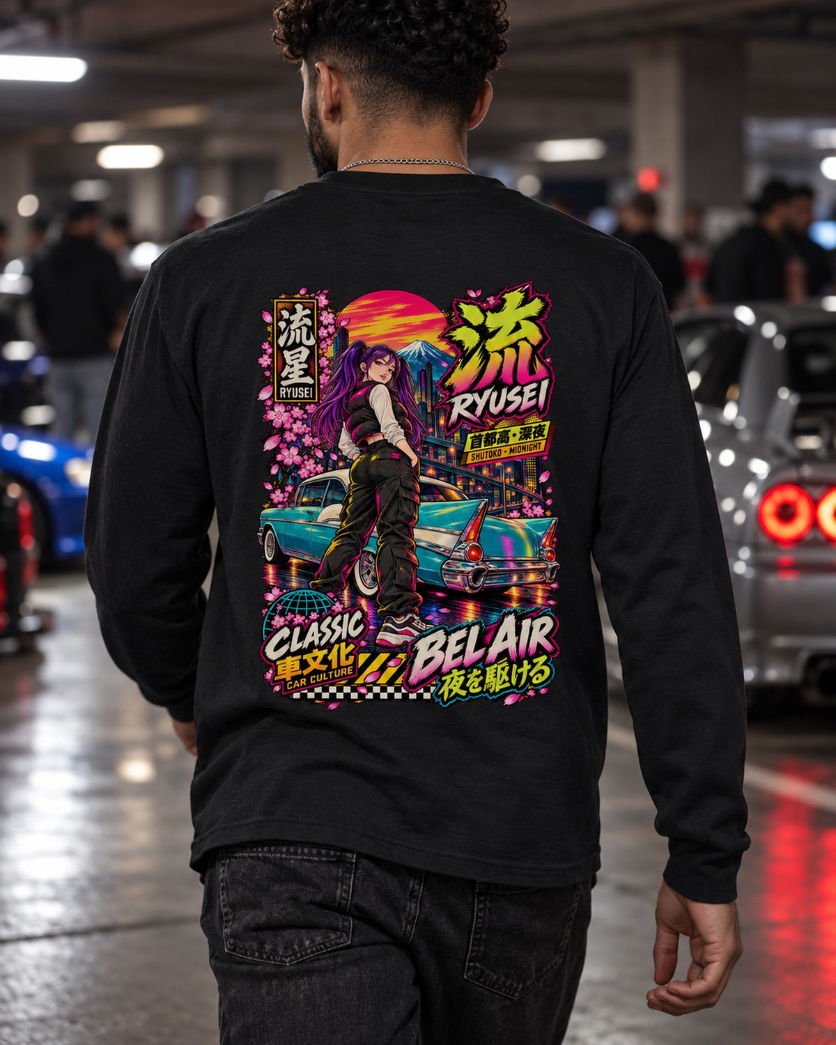 RYUSEI BEL AIR Anime Girl Full-Back Graphic Tee Long Sleeve Black worn hero