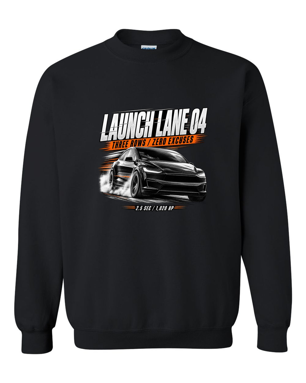 Tesla Model X Plaid front three-quarter launching in a race poster reading Launch Lane 04 black crewneck front view with the design