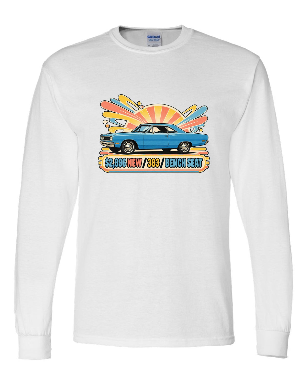 Retro Japanese showa catalogue ad of a 1968 Plymouth Road Runner with price 383 and bench seat text white long sleeve front view with the design