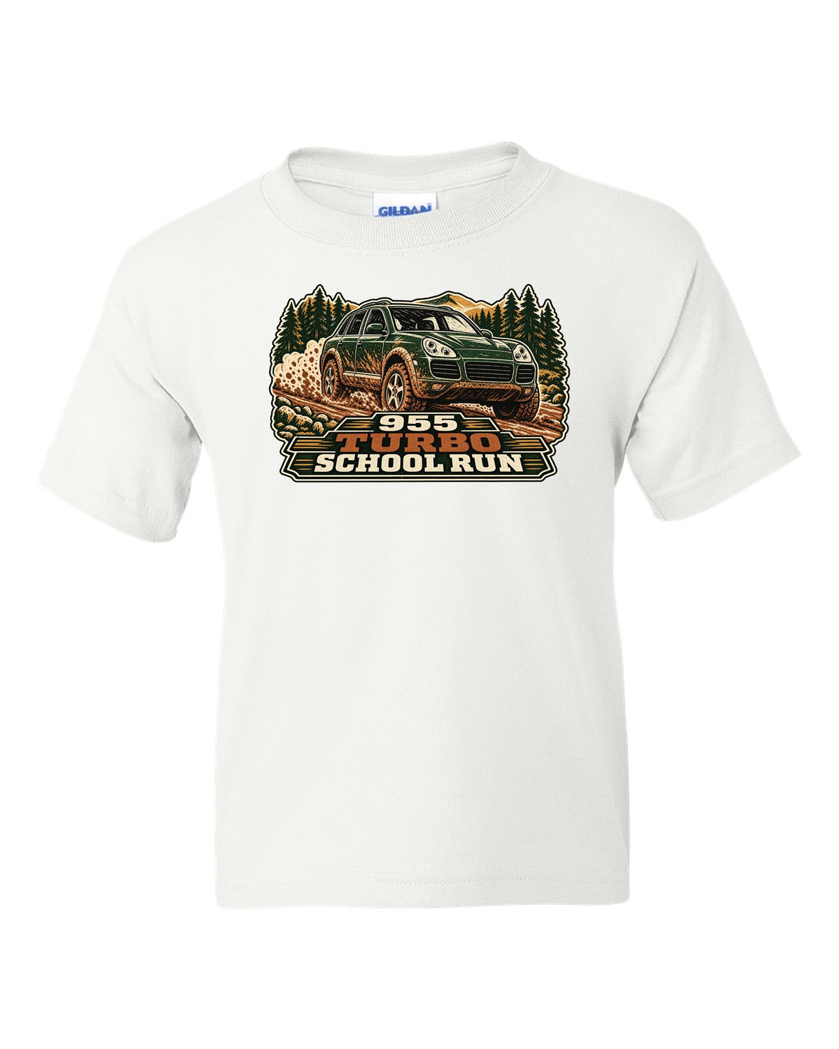 Multi-block linocut print of a muddy Porsche Cayenne Turbo 955 with the text 955, turbo, school run white kids tee front view with the design