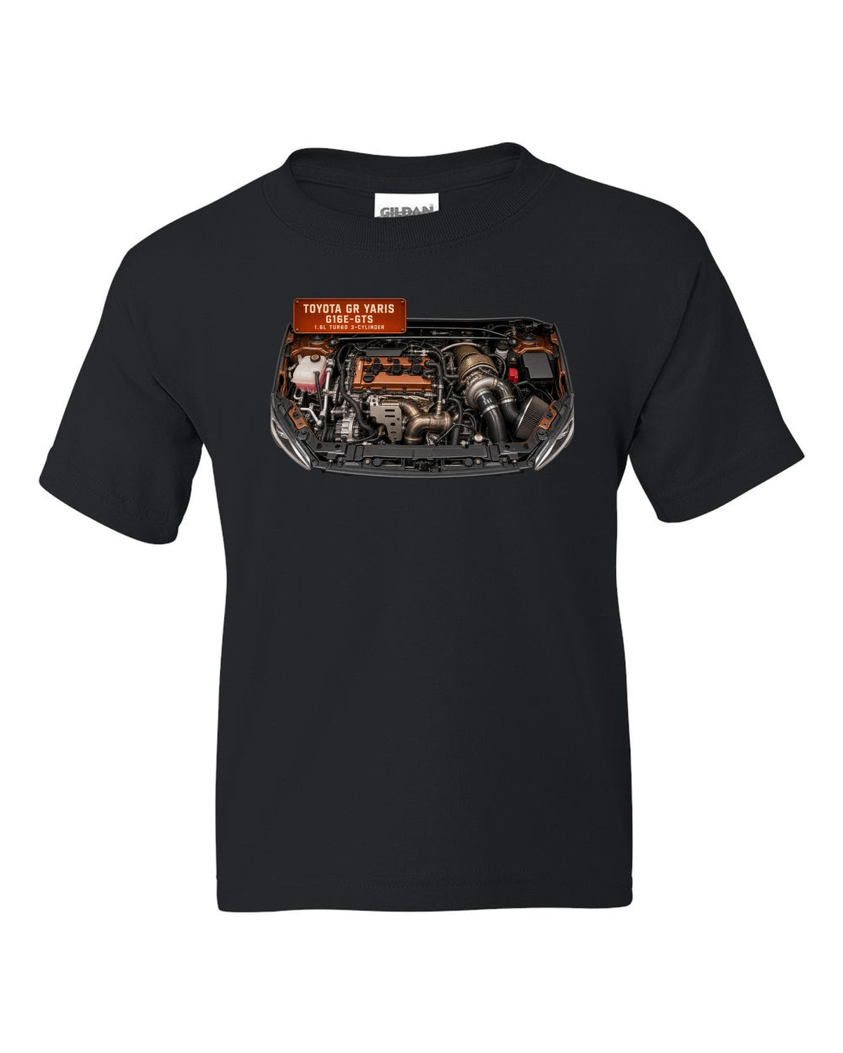 Toyota GR Yaris G16E-GTS three-cylinder turbo engine bay illustration black kids tee front view with the design