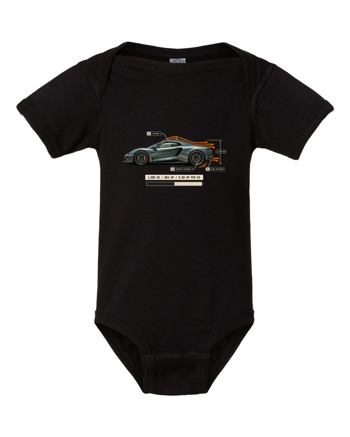 Airflow callout print of the Pagani Utopia with the text 1,280 kg, 864 hp, 0.68 hp per kg black baby onesie front view with the design