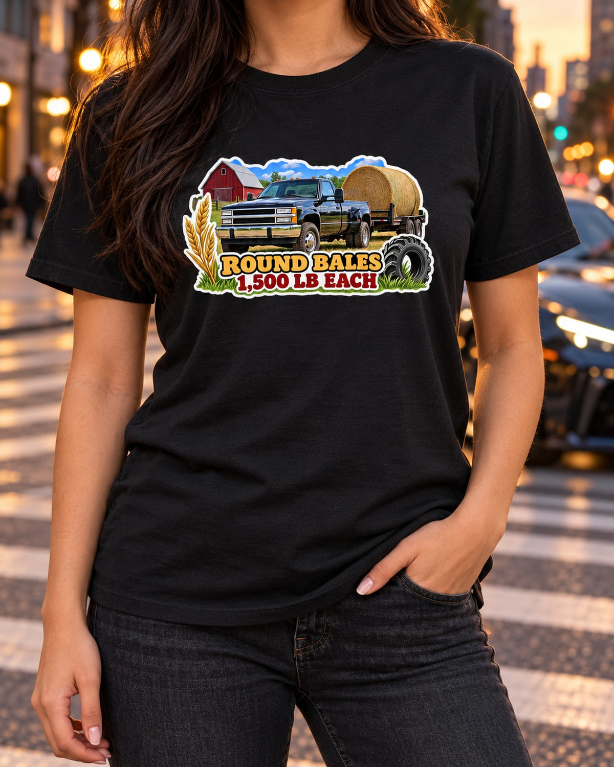 Ram 2500 4th Gen 6.7 Round Bale Hauler Sticker Collage Shirt T-Shirt Black worn hero