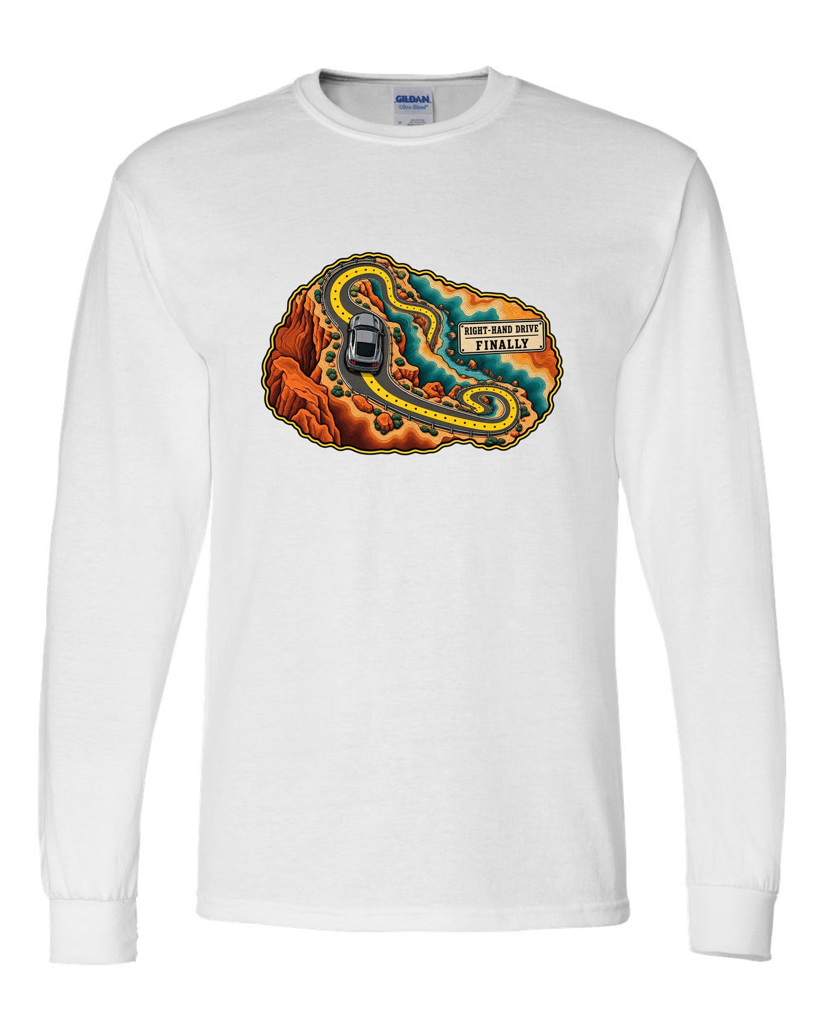 Topographic canyon route map with an S550 Ford Mustang fastback white long sleeve front view with the design