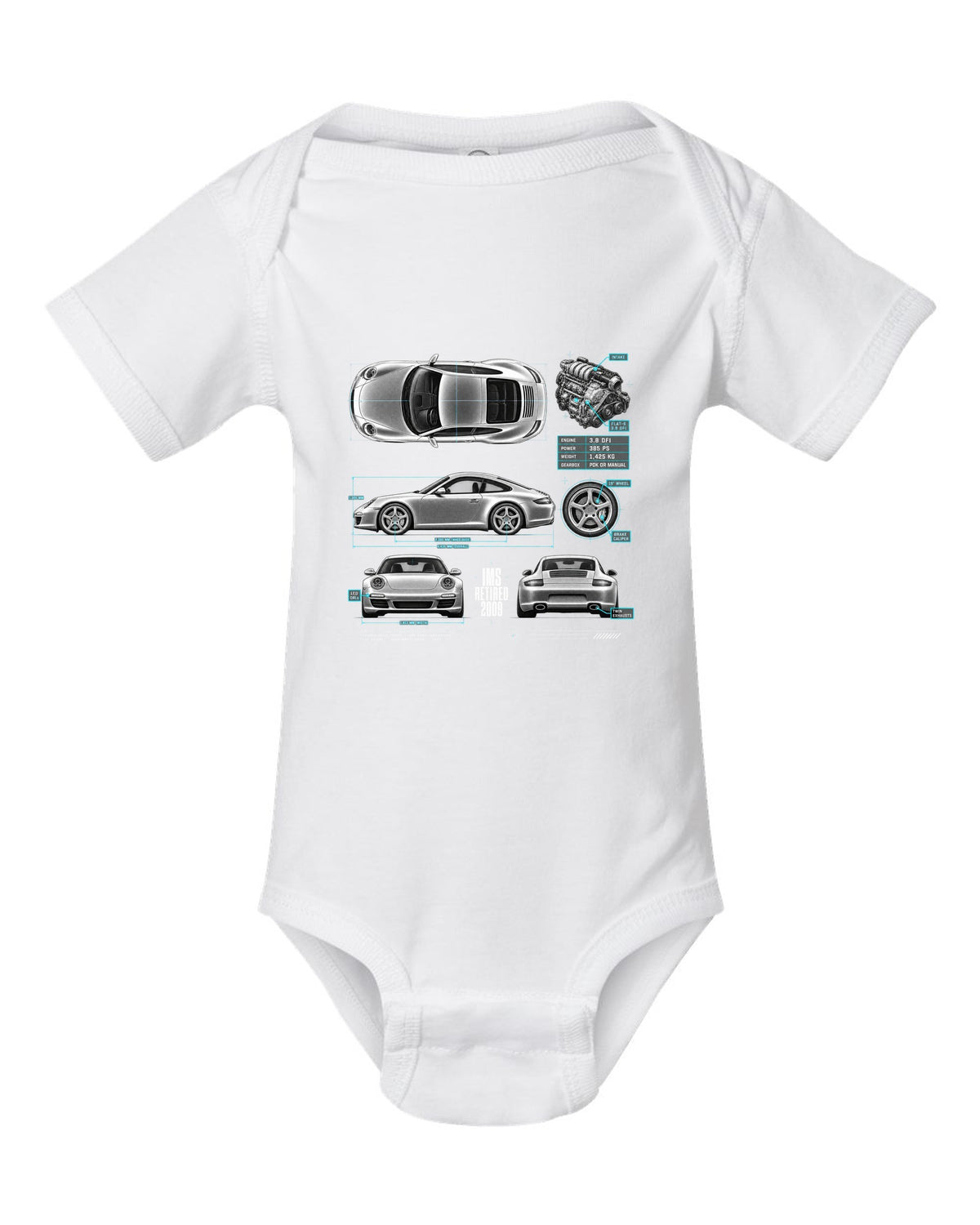 Spec poster print of a Porsche 911 Carrera S (997.2) with the headline IMS Retired 2009 white baby onesie front view with the design