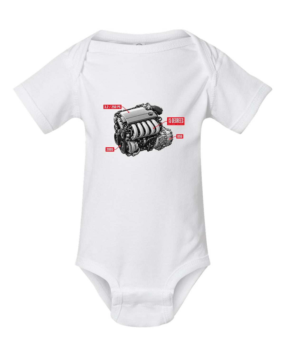 VW Golf R32 Mk5 2005 VR6 engine hero design with 15 degrees one head text white baby onesie front view with the design