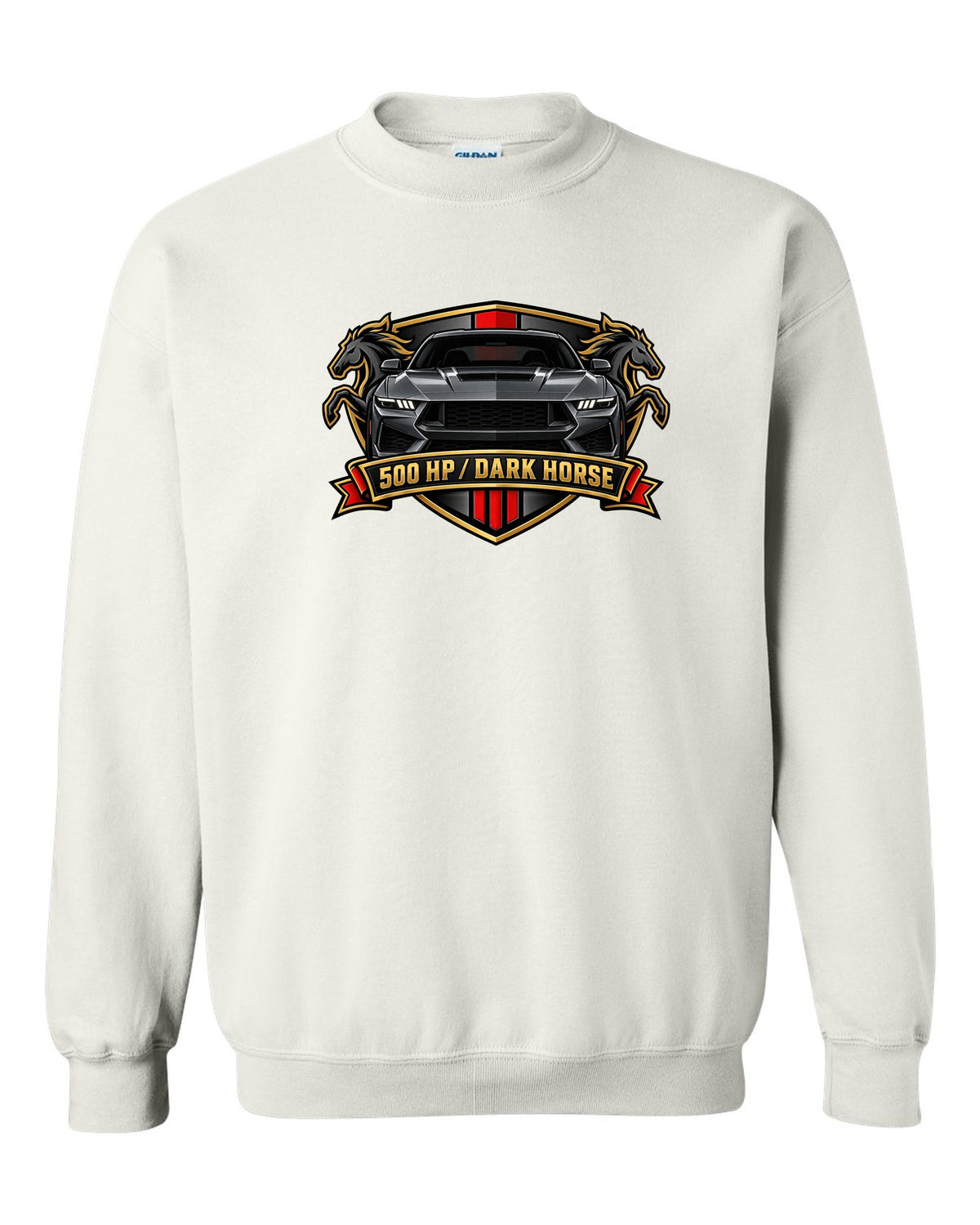 Varsity embroidery-style crest of a 2024 S650 Mustang Dark Horse reading 500 HP white crewneck front view with the design