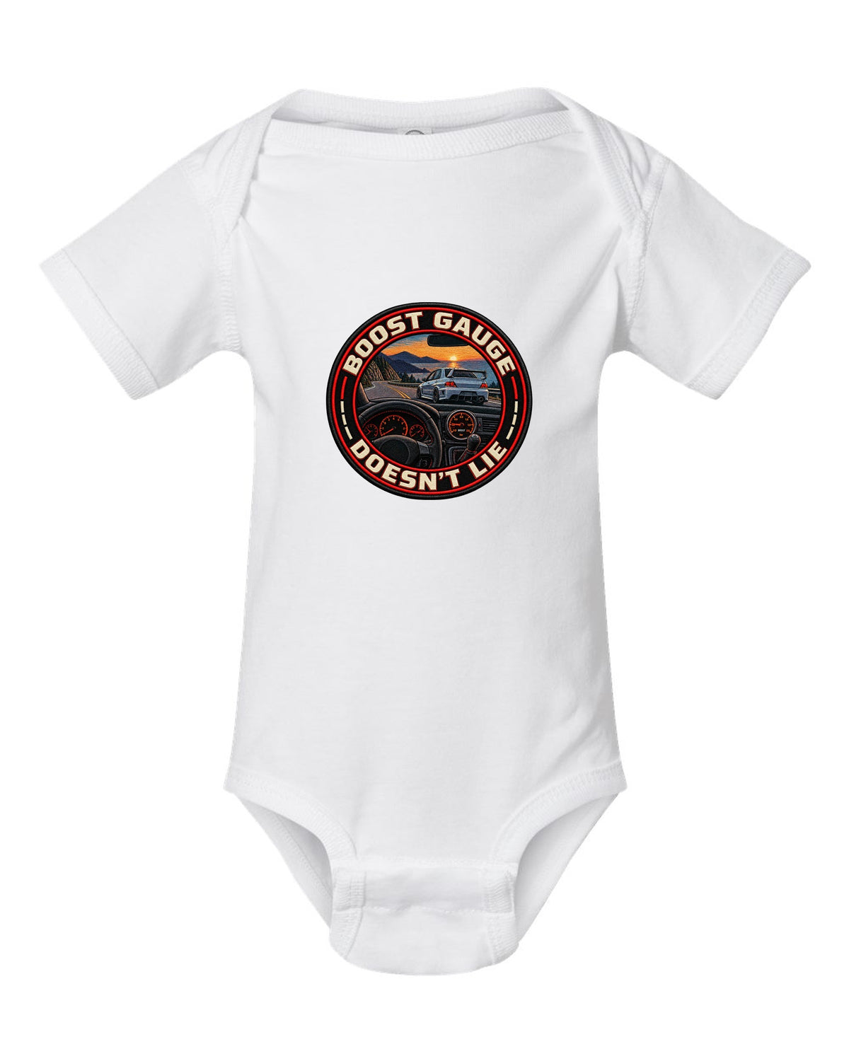 Cyanotype negative blueprint print of the Mitsubishi Evo VIII CT9A with same 4G63 since 1992 text white baby onesie front view with the design