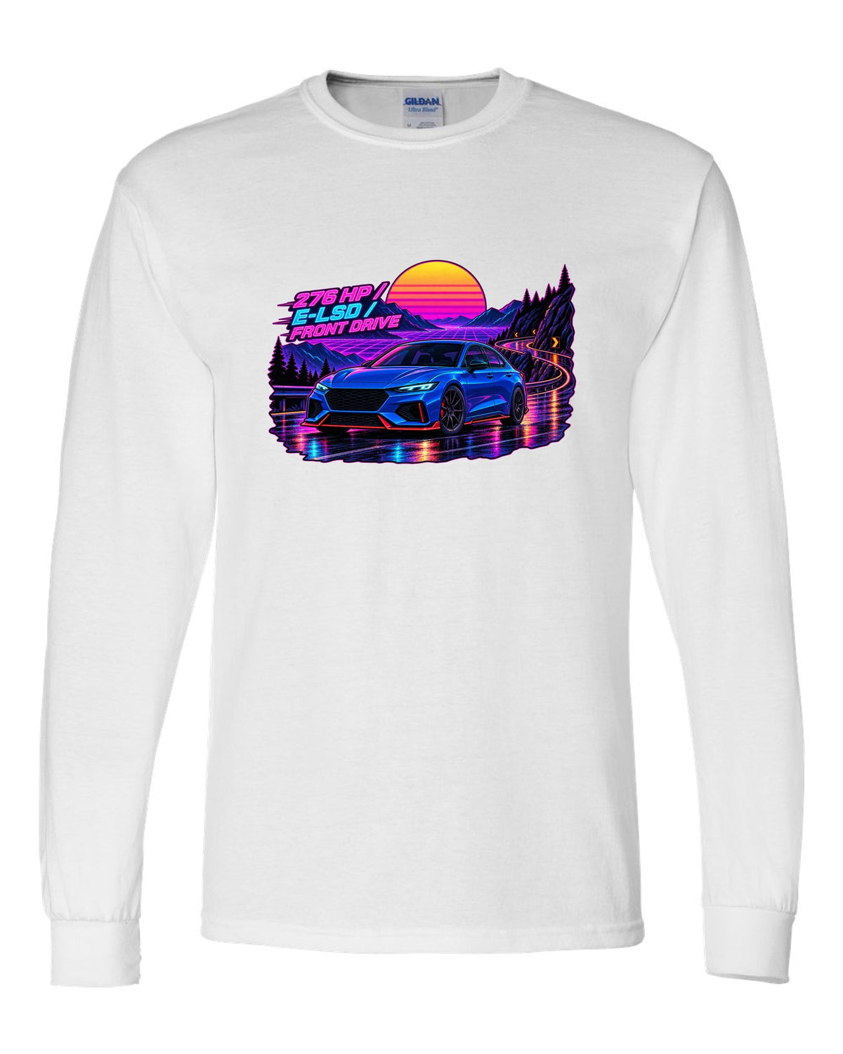Hyundai Elantra N CN7 synthwave wet road print with 276 HP and E-LSD text white long sleeve front view with the design