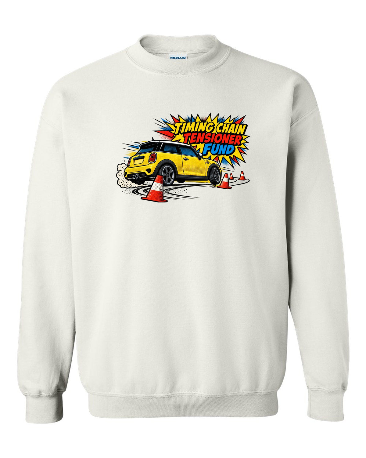 Comic halftone print of a Mini Cooper S R56 in a cone slalom with timing chain tensioner fund text white crewneck front view with the design