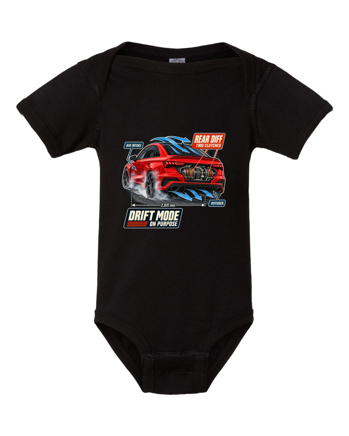 Cutaway callouts on an Audi RS3 8Y sedan showing rear diff and two clutches black baby onesie front view with the design