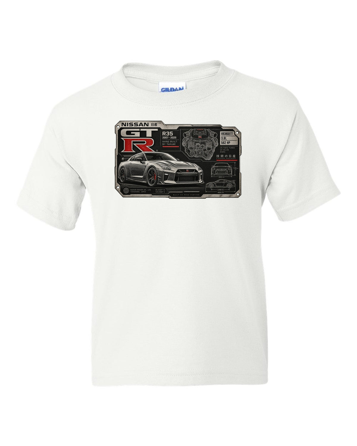 Spec sheet data plate print for the Nissan GT-R R35 showing VR38DETT 3.8L 562 HP white kids tee front view with the design
