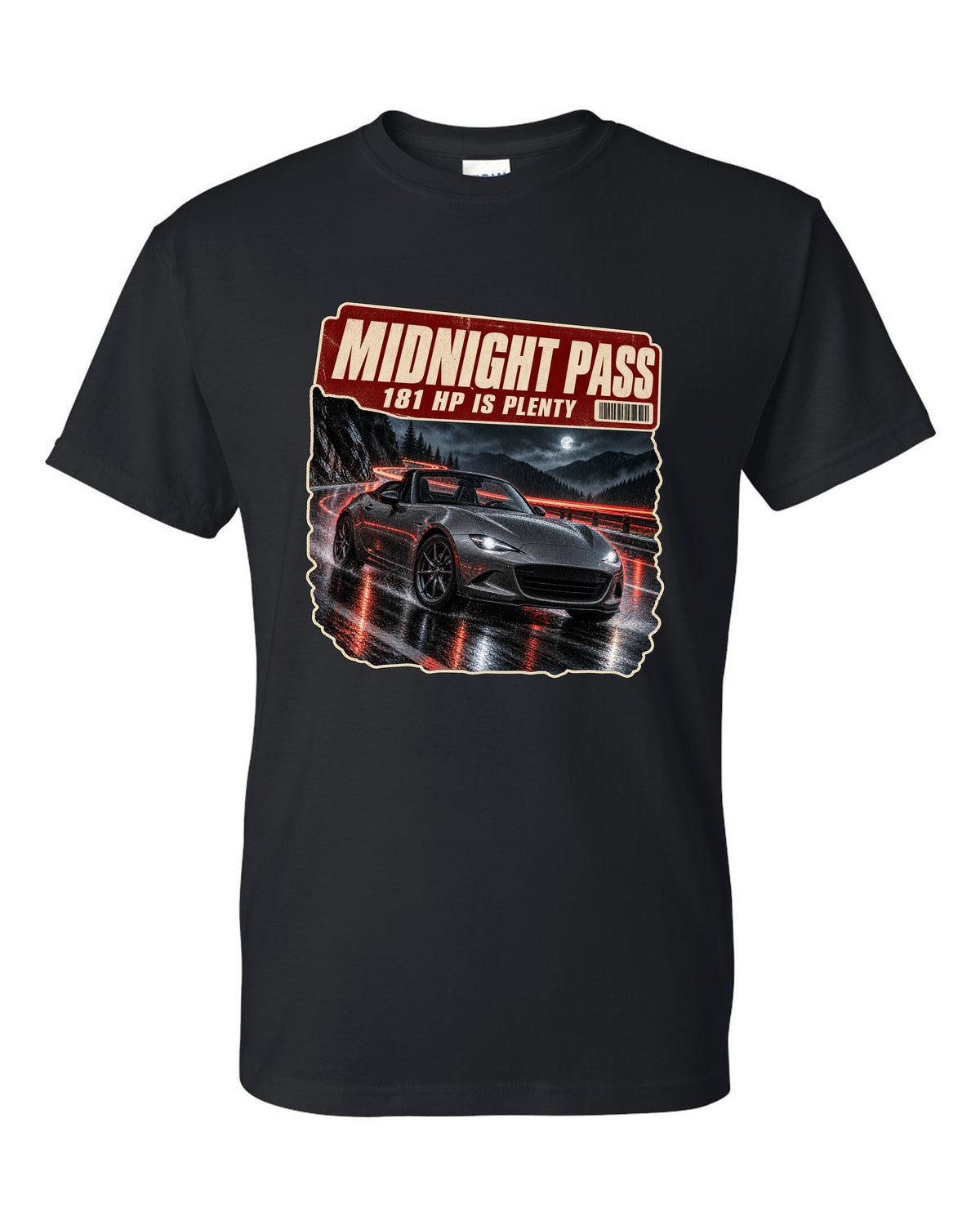Night mountain pass scene with a 2020 Mazda MX-5 ND RF in Polymetal Grey, poster-style print black t-shirt front view with the design