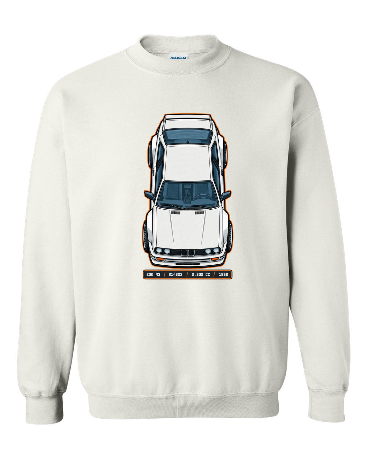 Top view spec sheet print of a BMW E30 M3 with S14B23 2,302 cc 1986 data plate text white crewneck front view with the design