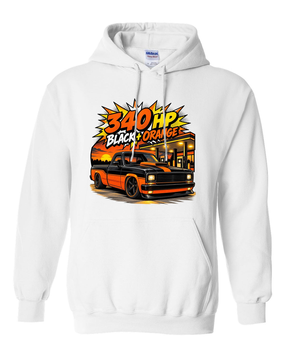 Ford F-150 SVT Lightning Harley edition in a comic halftone pop-art print white pull over hoodie front view with the design