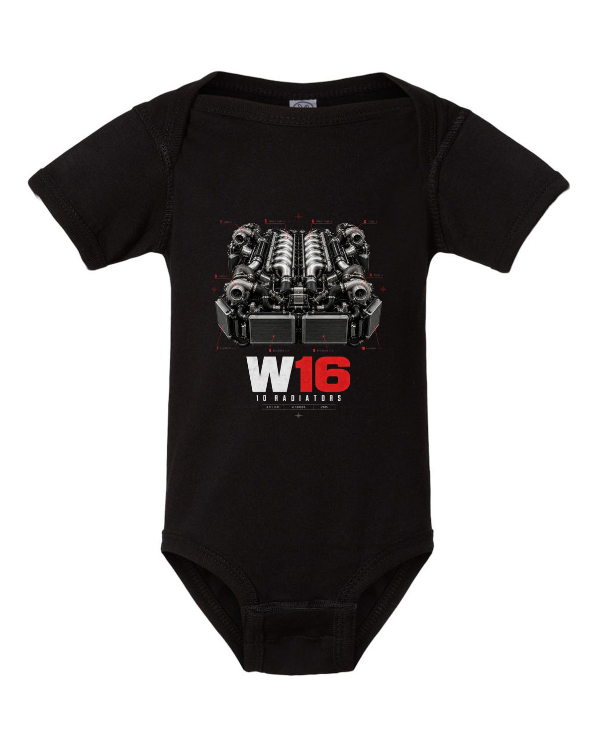 Bugatti Veyron 16.4 W16 engine poster with ten radiators black baby onesie front view with the design
