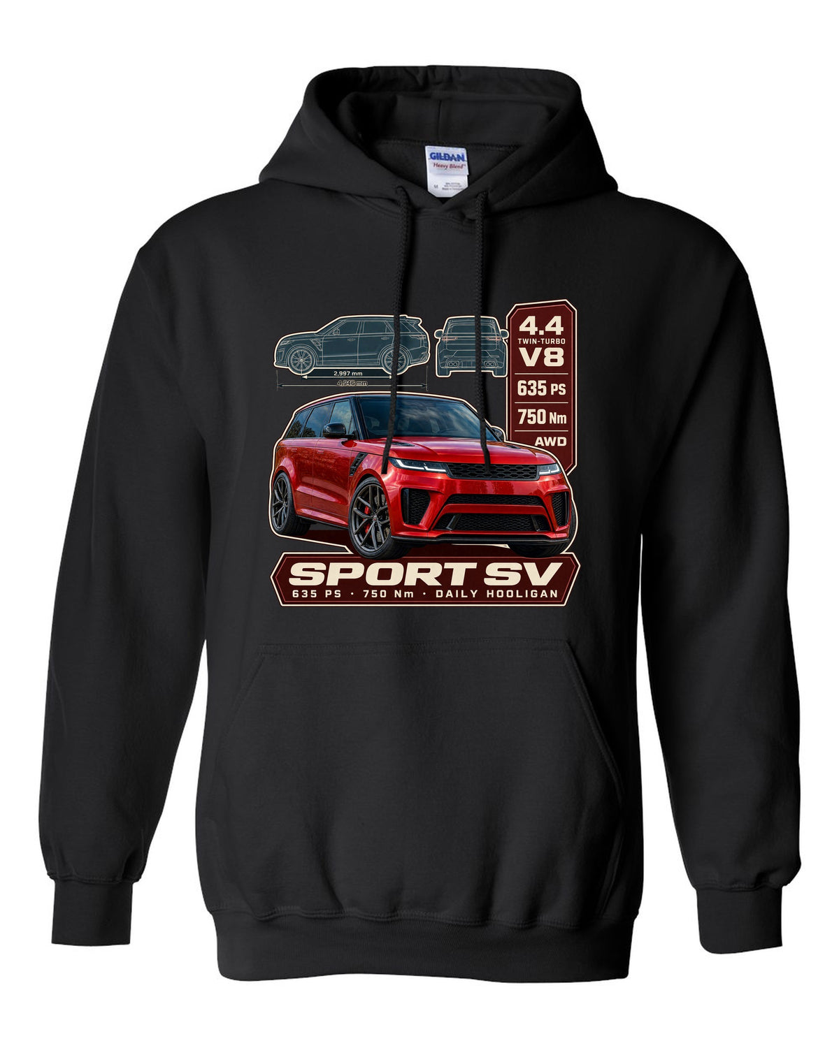 Spec poster print of the Range Rover Sport SV L461 with power and torque black pull over hoodie front view with the design