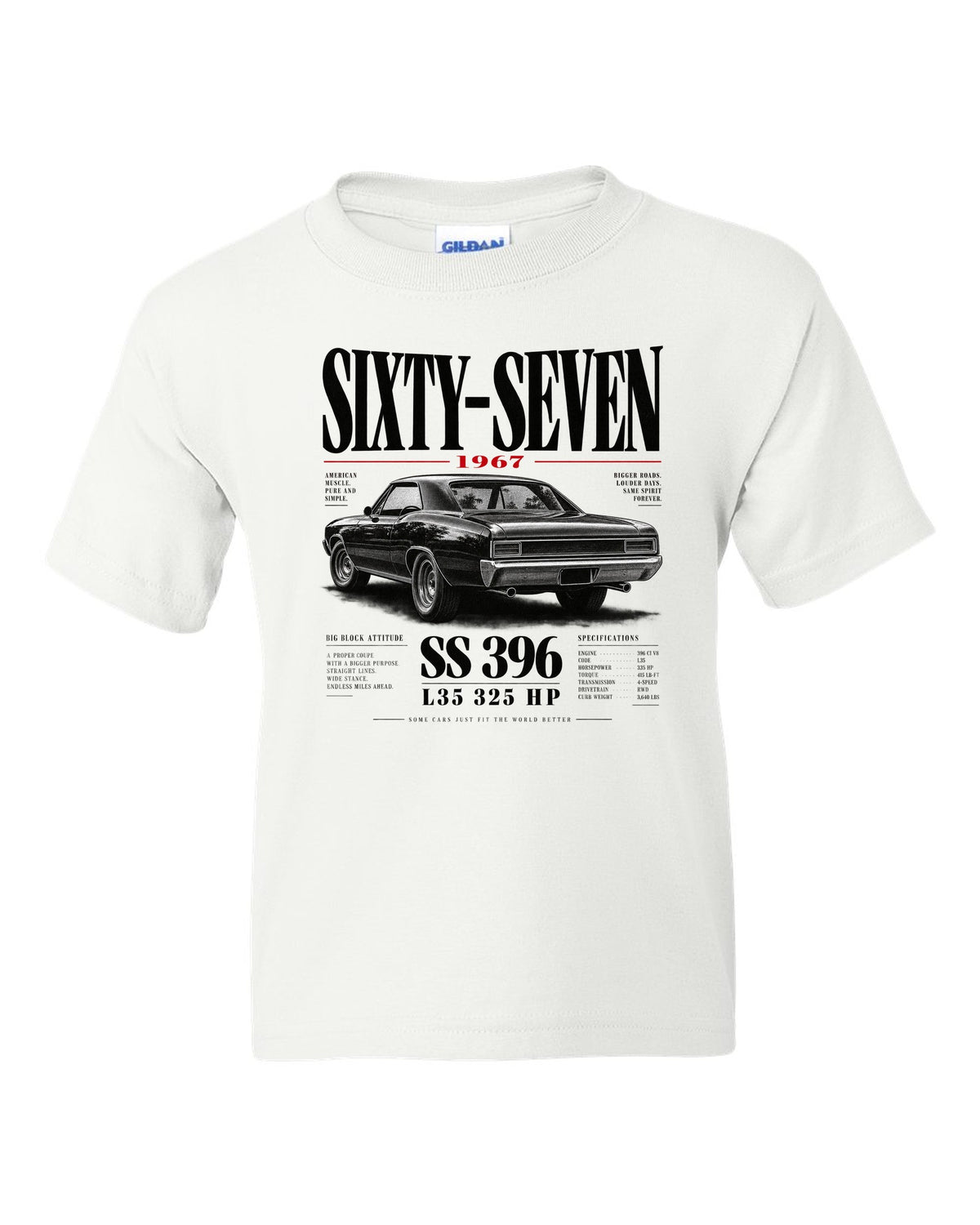 1967 Chevelle SS 396 rear three-quarter editorial headline print white kids tee front view with the design