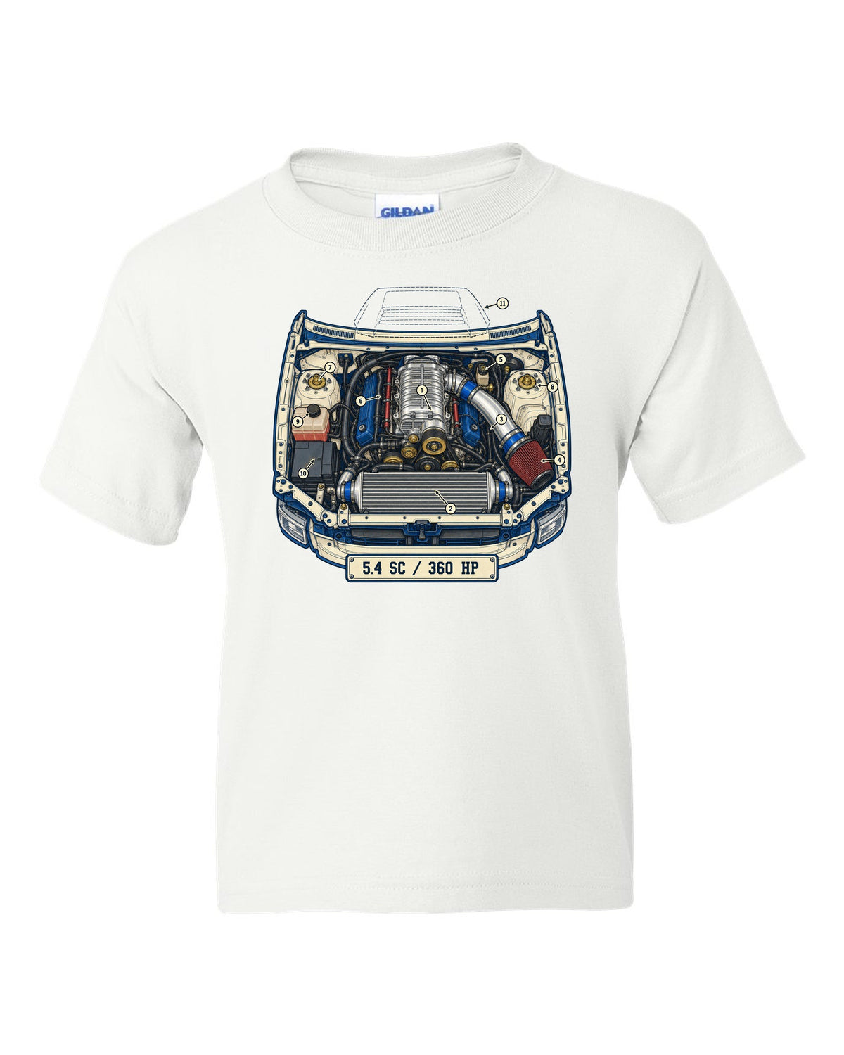 Ford F-150 SVT Lightning second generation as a patent-style technical drawing white kids tee front view with the design