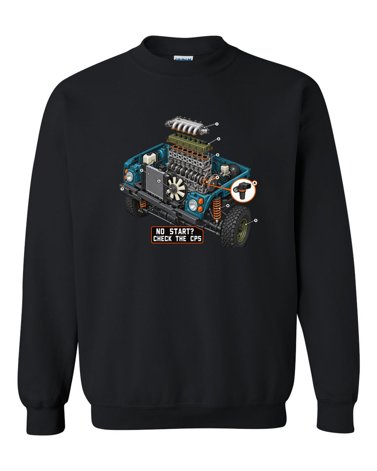 Exploded cutaway engine print of a Jeep Wrangler TJ with check the CPS text black crewneck front view with the design