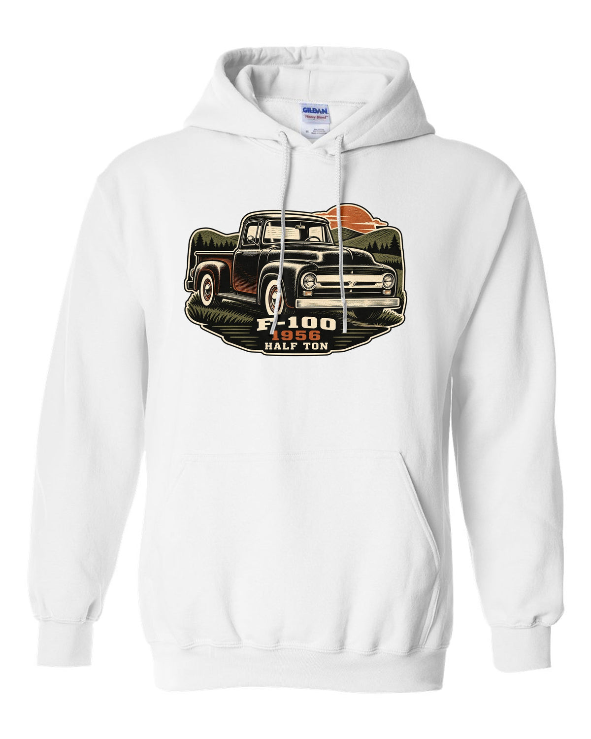 Dusk linocut print of a 1956 Ford F-100 pickup with Half Ton lettering white pull over hoodie front view with the design
