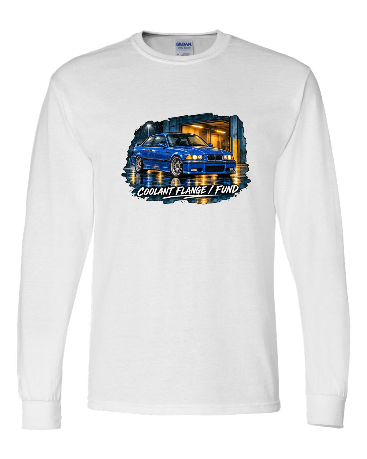 Comic halftone pop-art burnout of a BMW E36 M3 coupe with rear tyres subscription text white long sleeve front view with the design