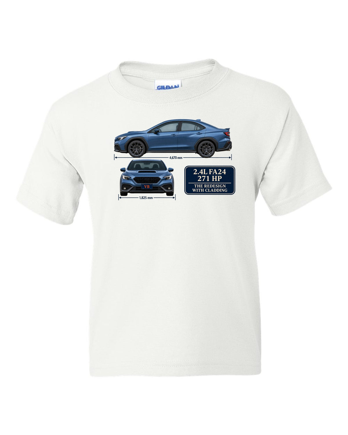 Subaru WRX VB sedan in rally blue-grey with editorial headline white kids tee front view with the design