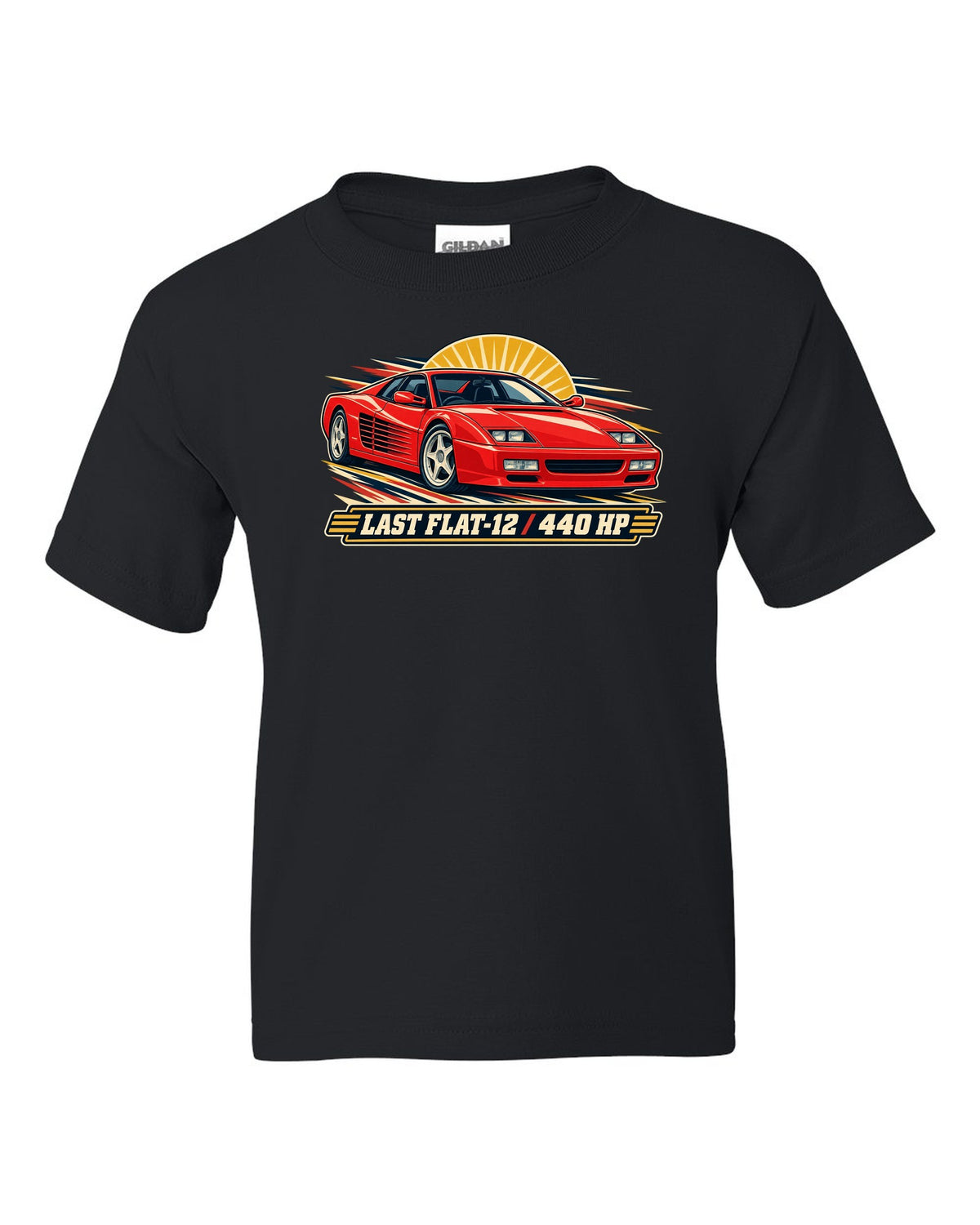 Retro race programme illustration print of the Ferrari F512 M with the text last flat-12, 440 HP black kids tee front view with the design