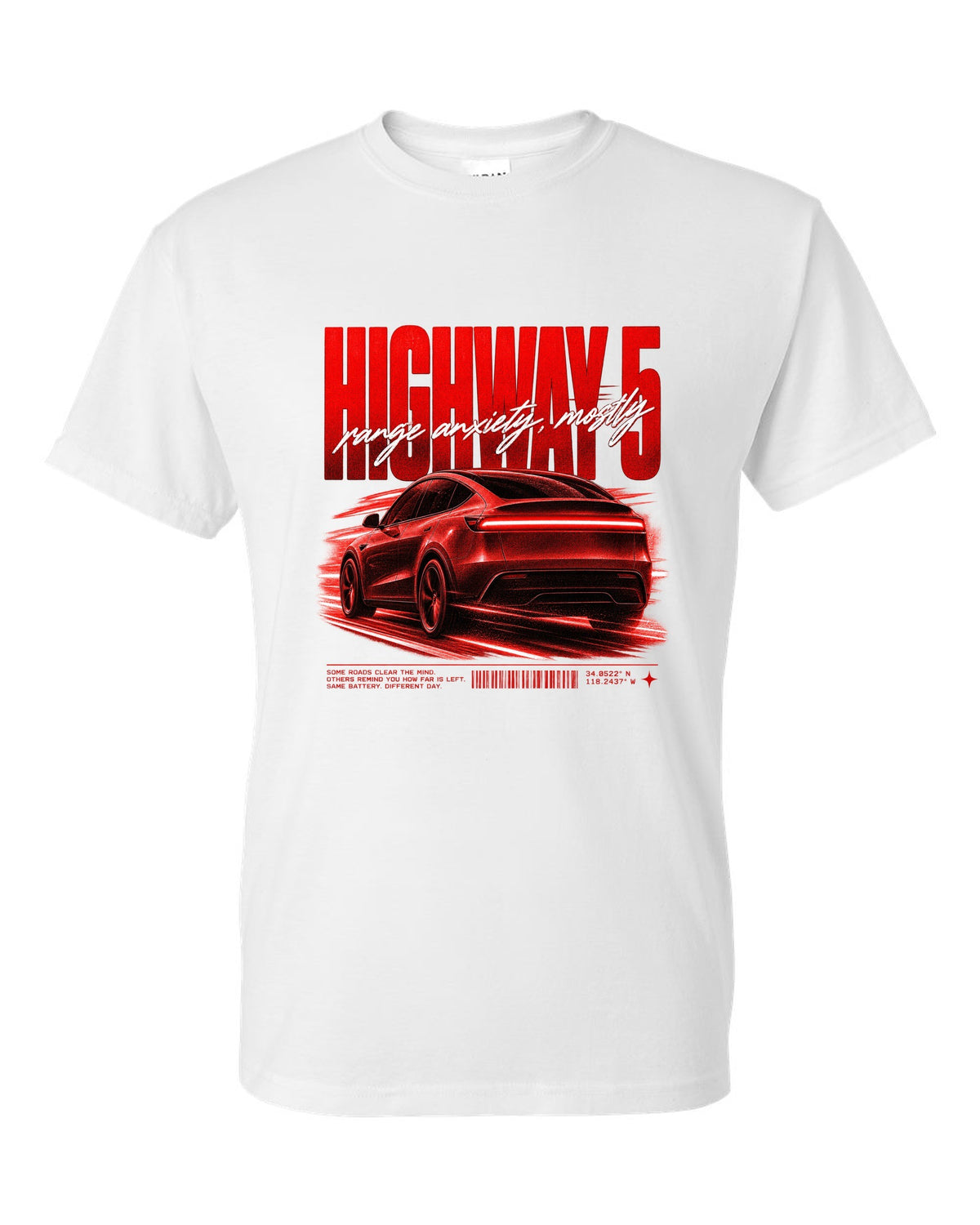 Tesla Model Y Juniper rear three-quarter in motion street poster reading Highway 5 white t-shirt front view with the design