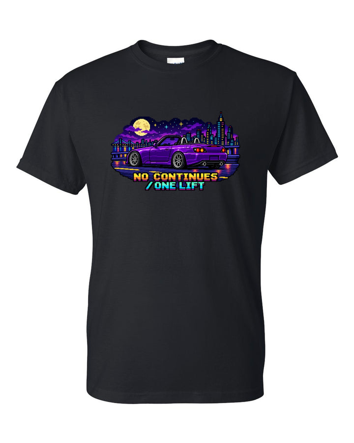 16-bit pixel art Honda S2000 AP2 roadster print with no continues one lift text black t-shirt front view with the design