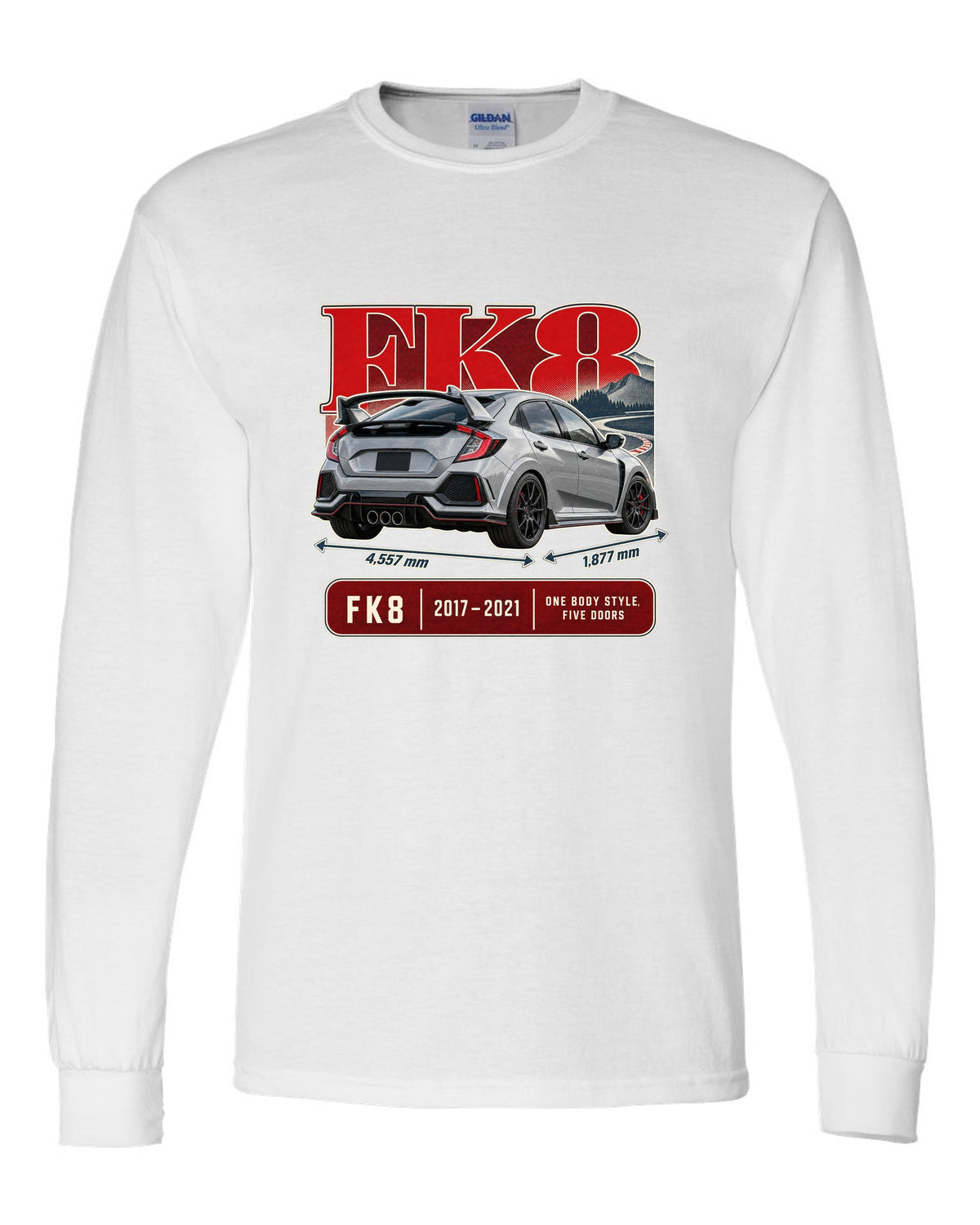 print archive panel of a silver-grey Honda Civic Type R FK8 white long sleeve front view with the design
