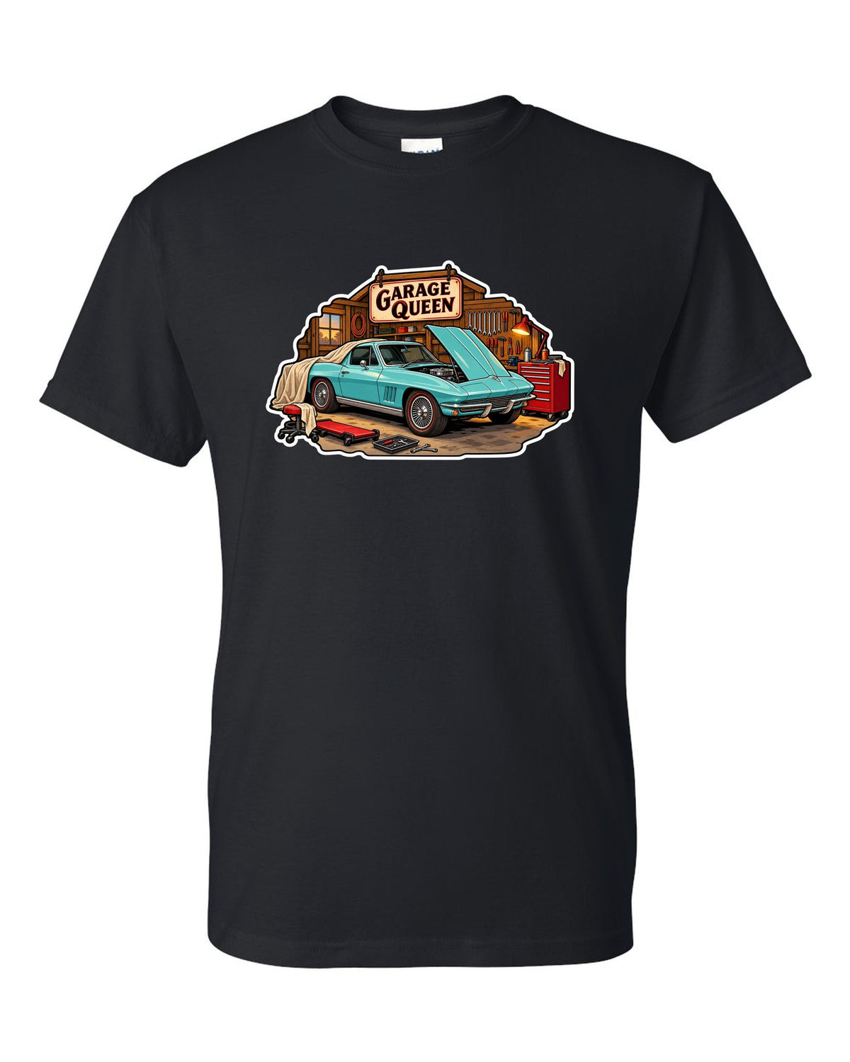 Sticker-bomb collage print of a 1966 Chevrolet Corvette C2 Sting Ray coupe with Garage Queen lettering black t-shirt front view with the design