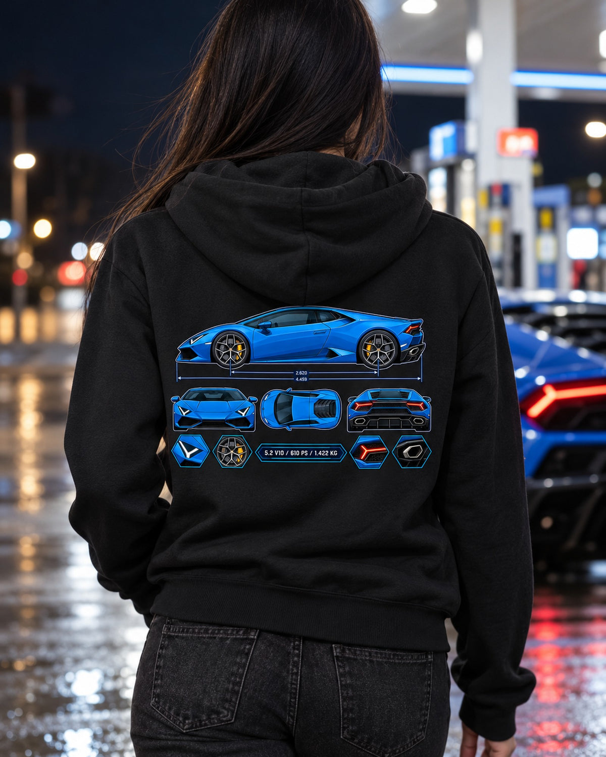 Huracan LP610-4 Colour Blueprint Shirt, 5.2 V10 Hex Study Zip Hoodie Black worn hero