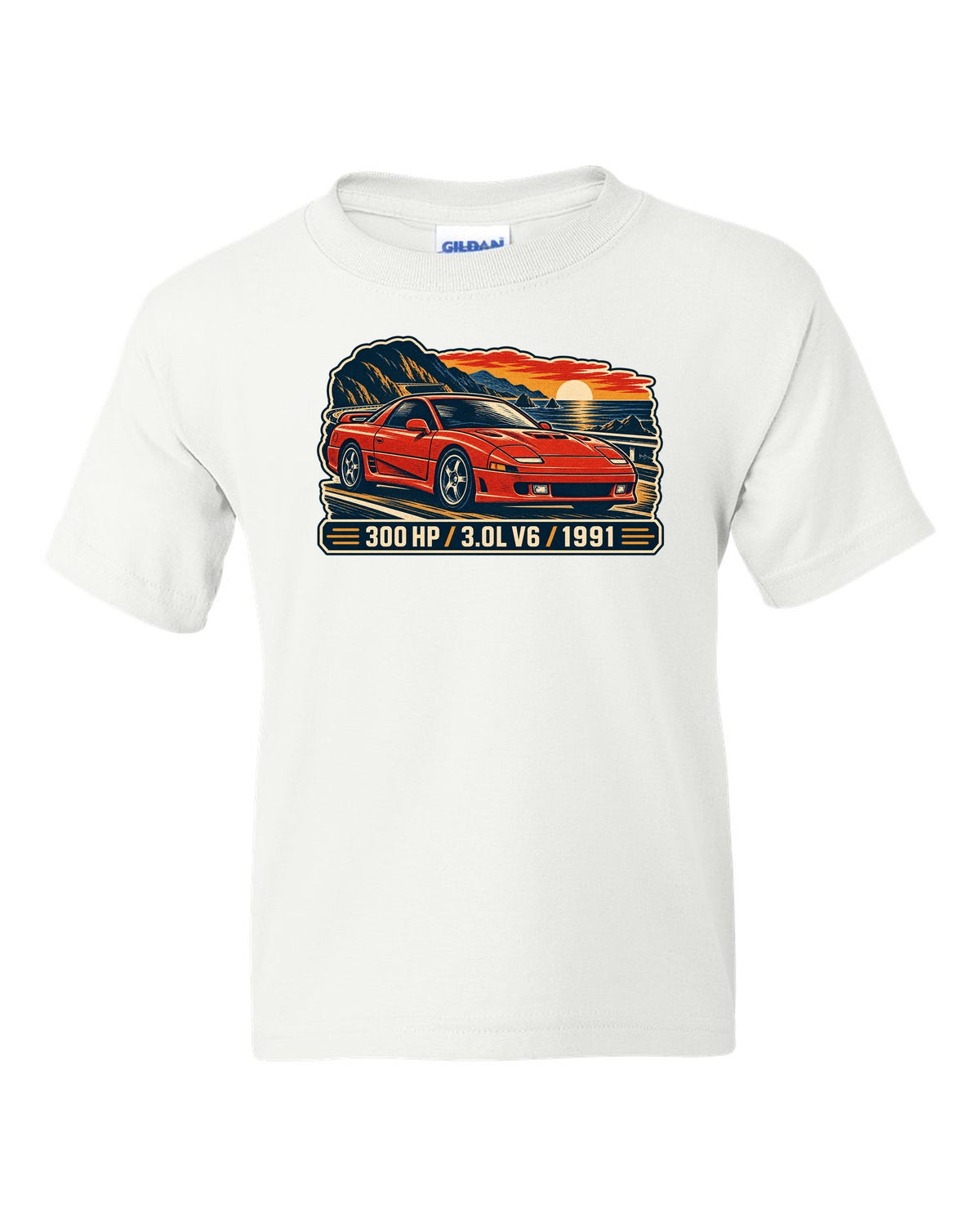 Linocut woodcut print of the Mitsubishi 3000GT VR-4 with 300 HP 3.0L V6 1991 text white kids tee front view with the design