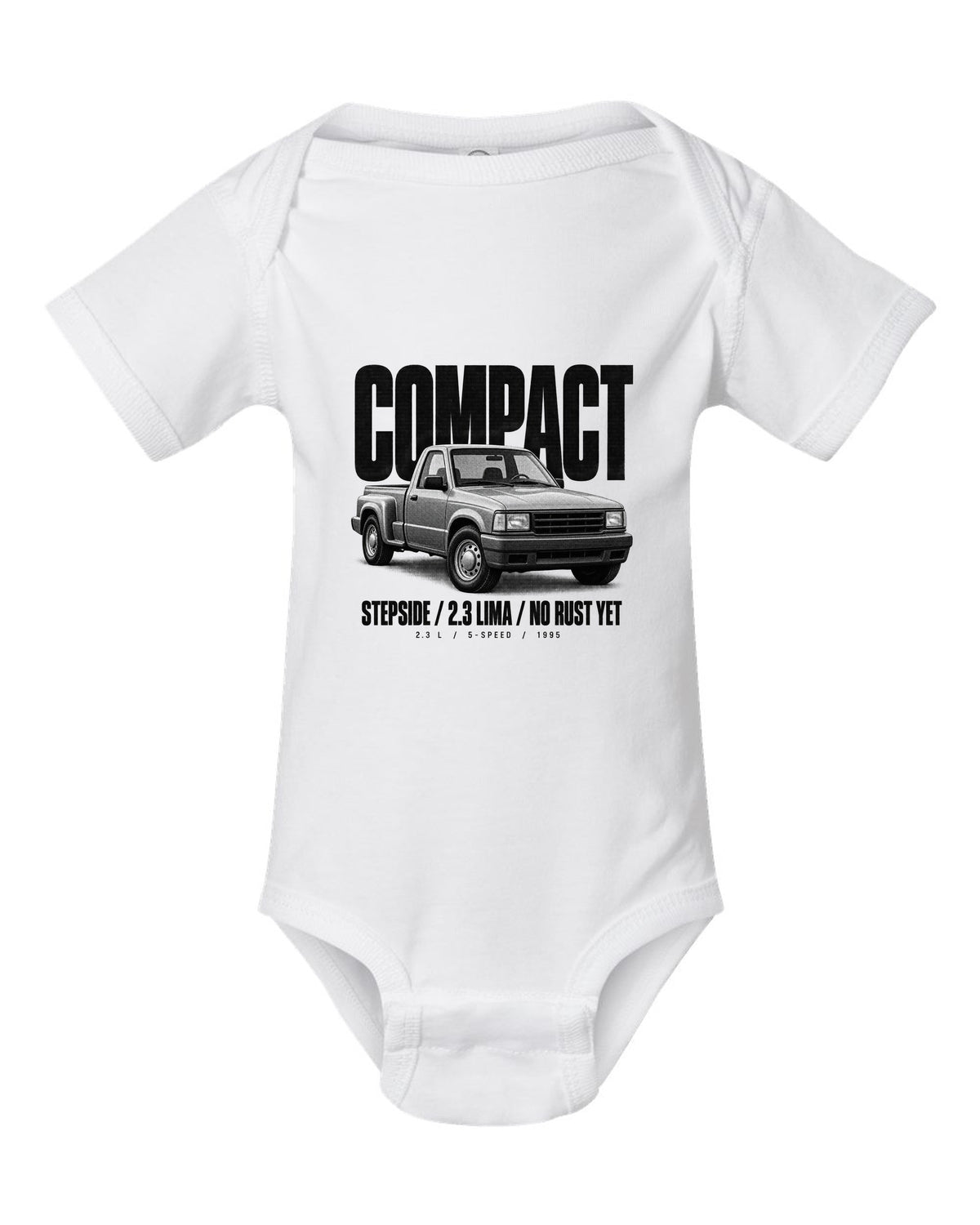Ford Ranger 1995 stepside halftone print with compact, 2.3 Lima, no rust yet text white baby onesie front view with the design