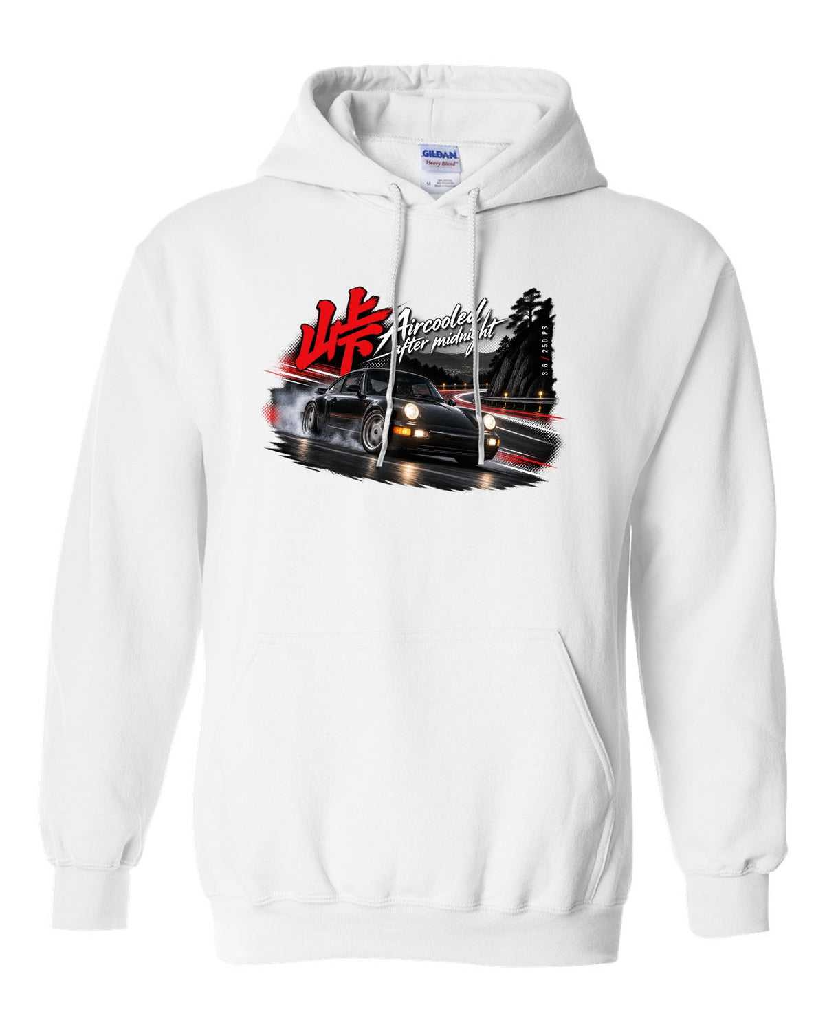 Touge night print of a Porsche 911 Carrera 2 (964) with the line Aircooled after midnight white pull over hoodie front view with the design