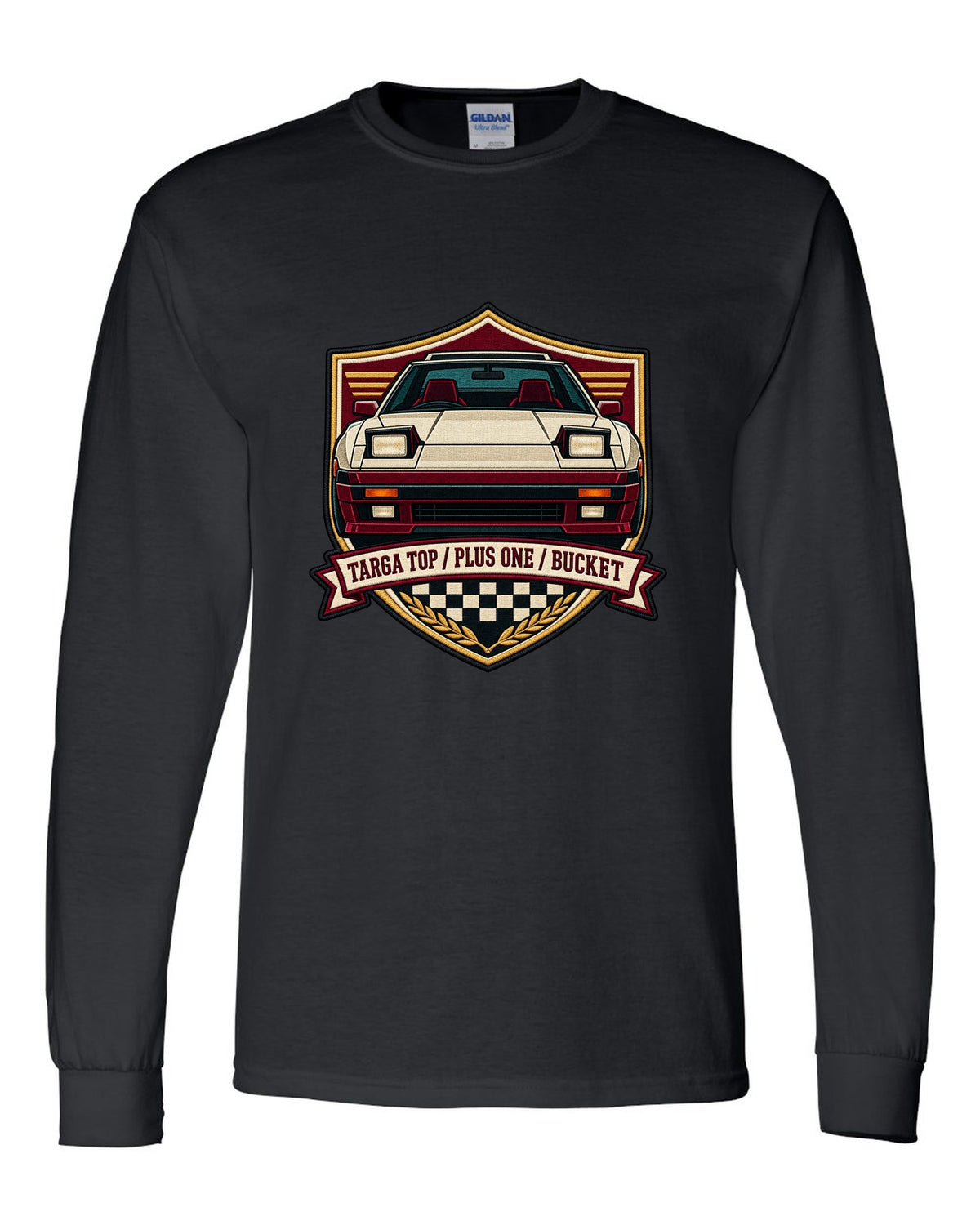 Shield crest design for the Toyota Supra A70 MA70 with pop-up headlights black long sleeve front view with the design