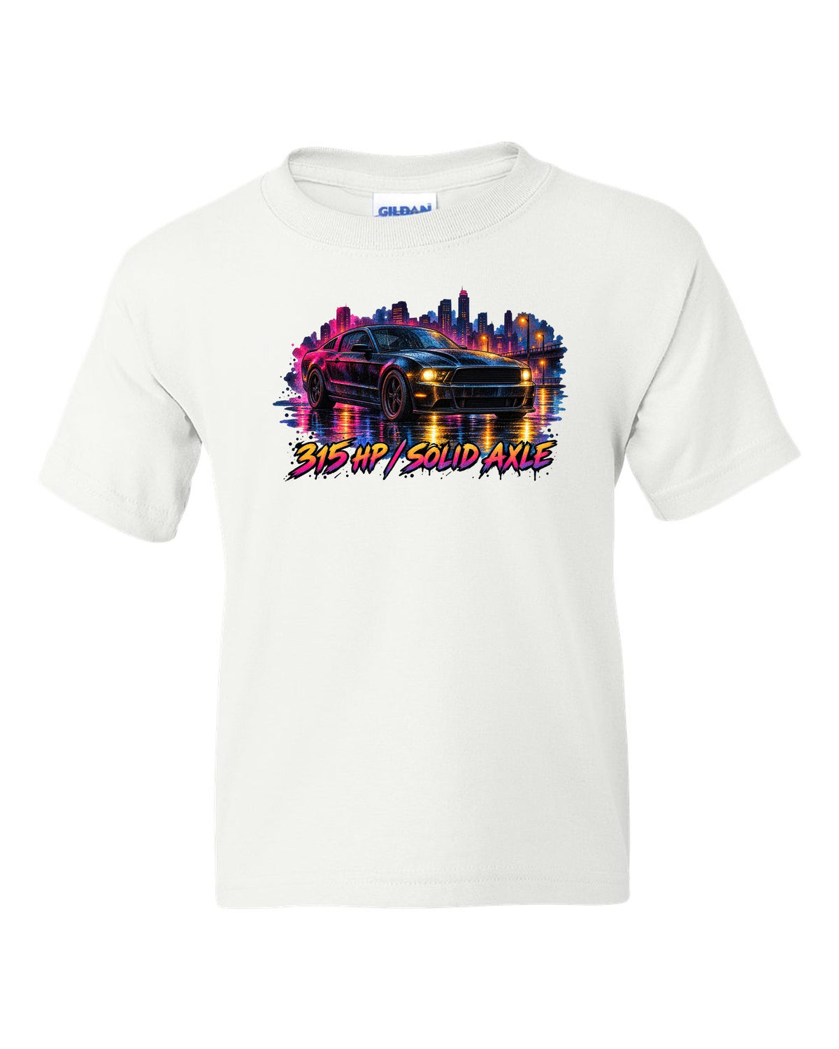 Watercolour wet road night scene with a 2005-2014 S197 Ford Mustang fastback white kids tee front view with the design