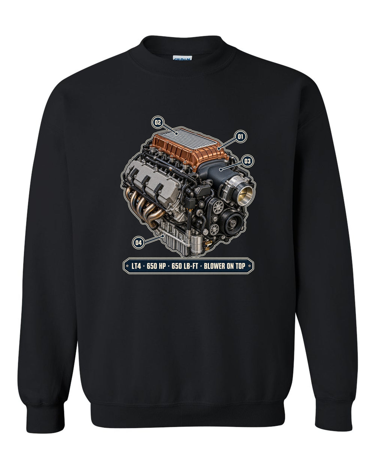 Camaro ZL1 LT4 supercharged engine bay poster print black crewneck front view with the design