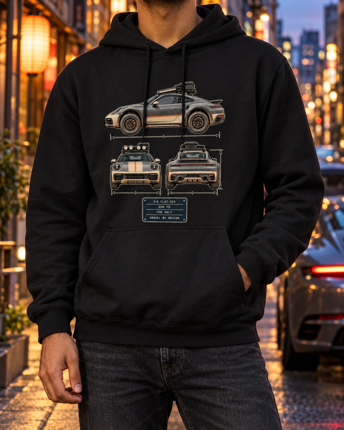 Porsche 911 Dakar Three-View Spec Table Tee, Off-Road 911 Pull Over Hoodie Black worn hero