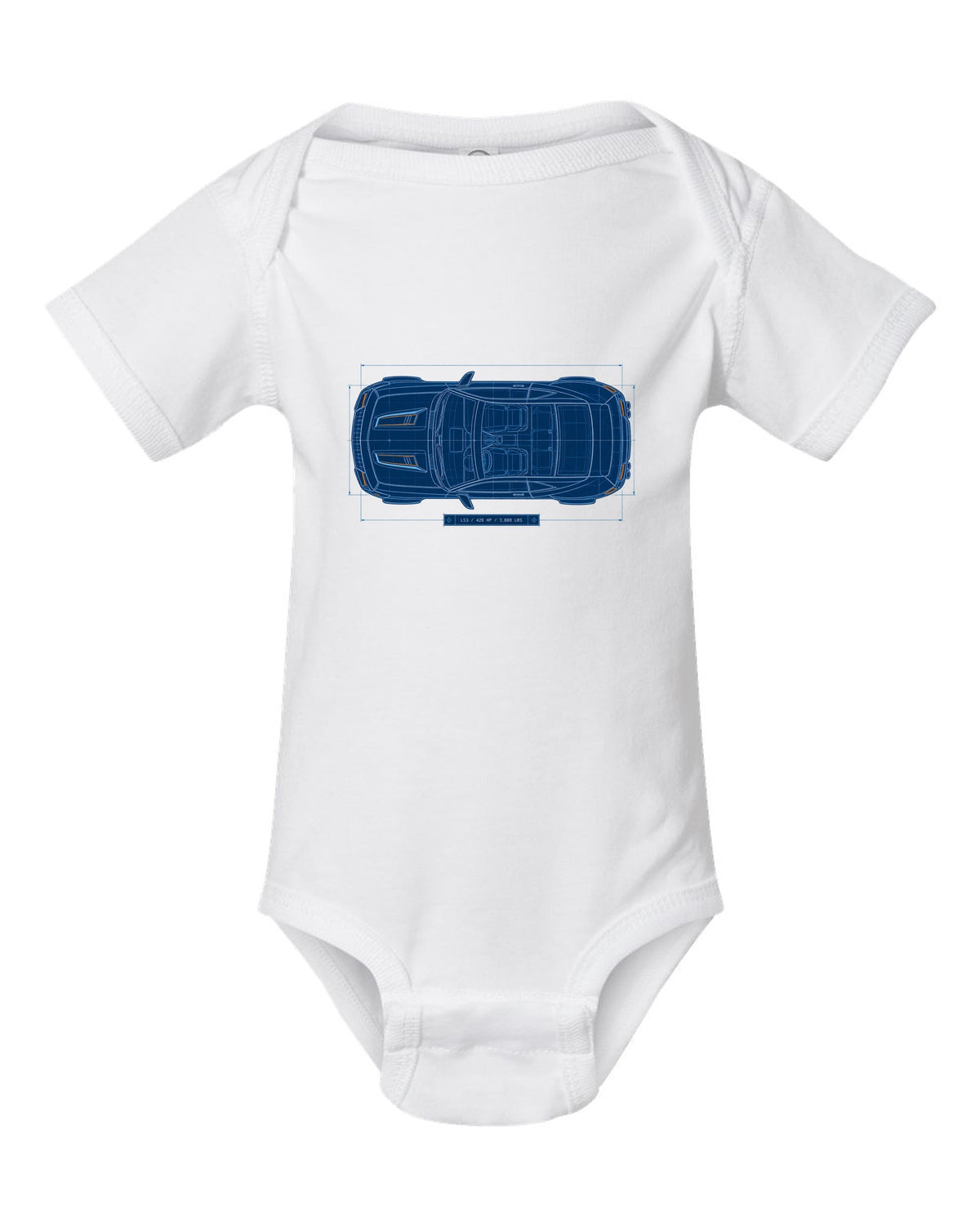 2010 Camaro SS fifth-generation top view blueprint line art with LS3 426 HP 3,860 lbs text white baby onesie front view with the design