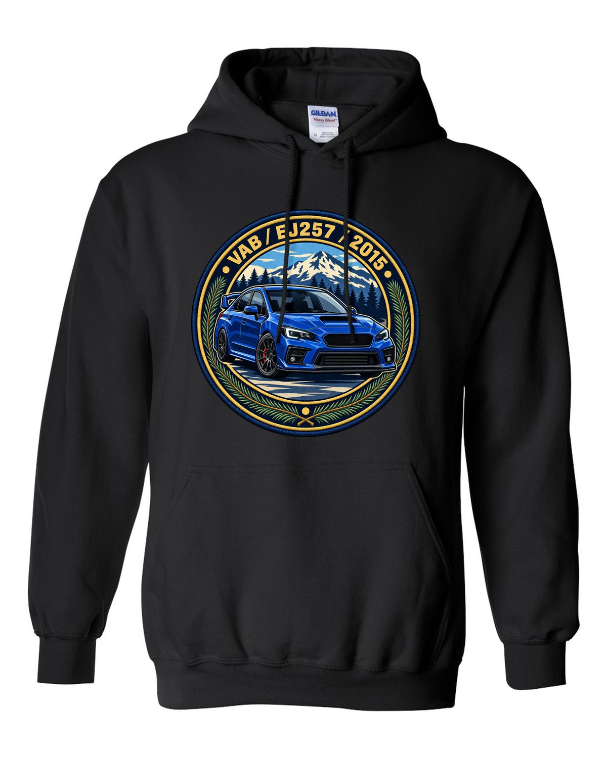 Subaru WRX STI VAB round varsity crest print, VAB / EJ257 / 2015 black pull over hoodie front view with the design