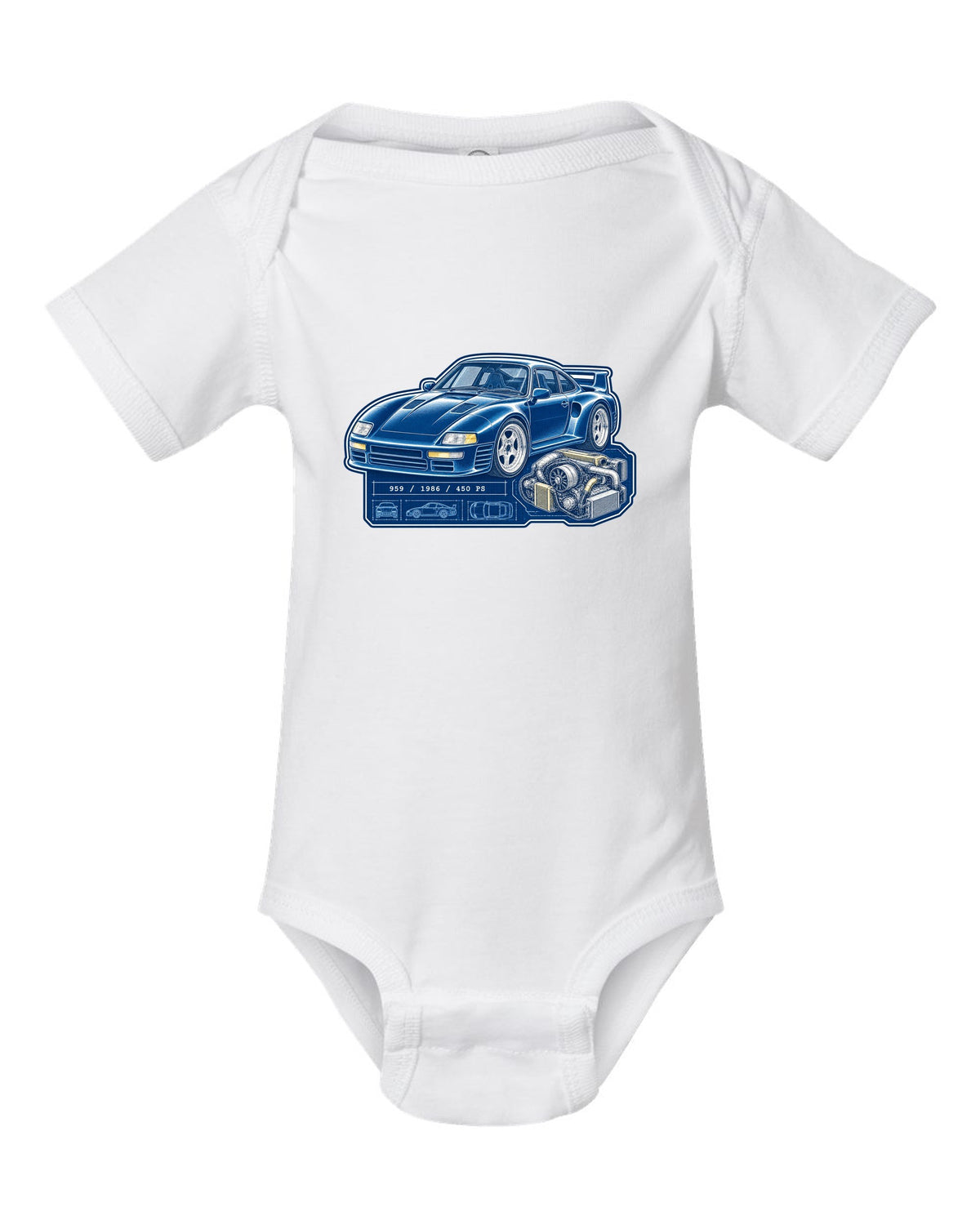 Porsche 959 cyanotype blueprint design with 1986 and 450 PS lettering white baby onesie front view with the design