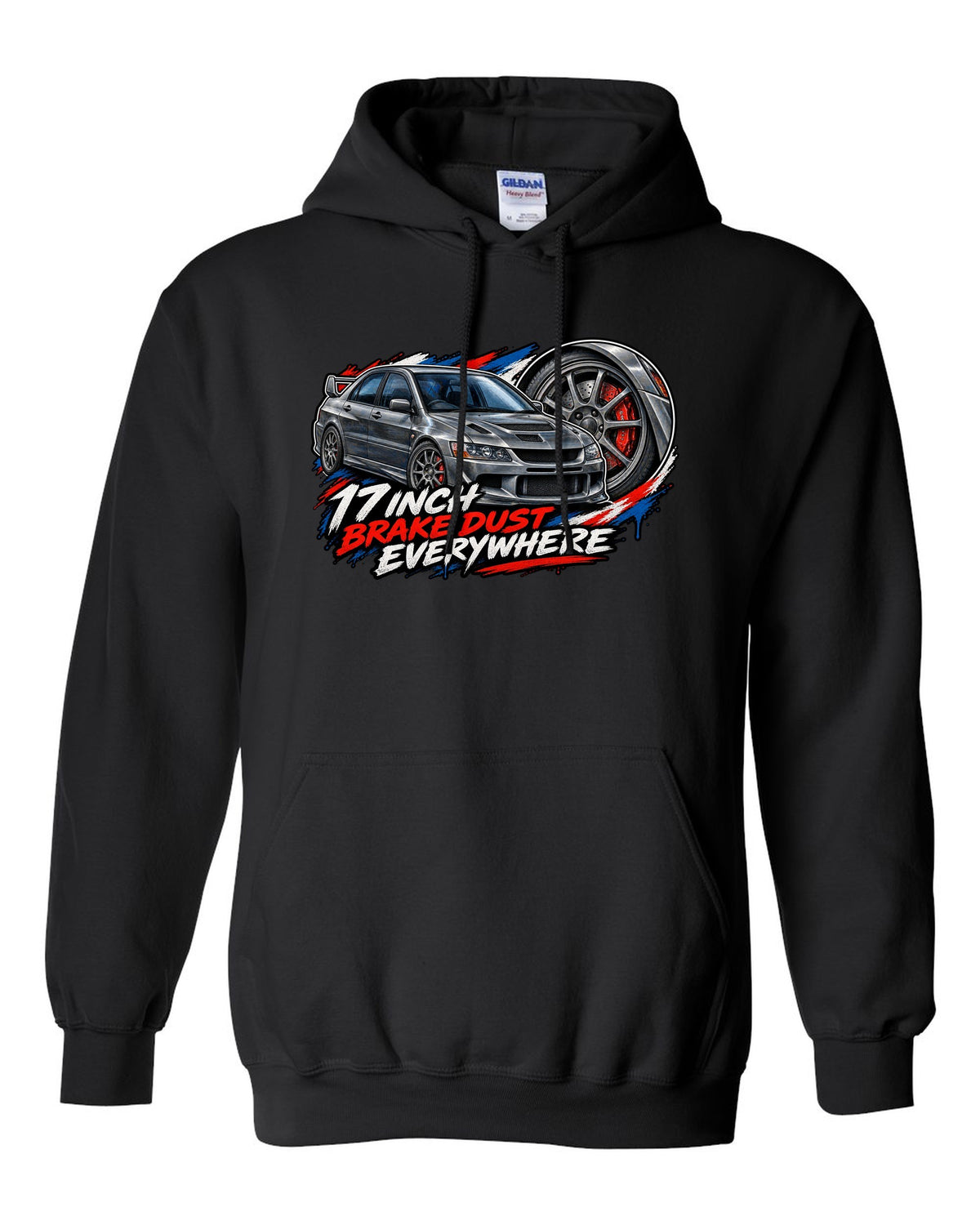Painterly close-up of a grey spoke wheel on a Mitsubishi Evo VIII CT9A with 17 inch brake dust text black pull over hoodie front view with the design