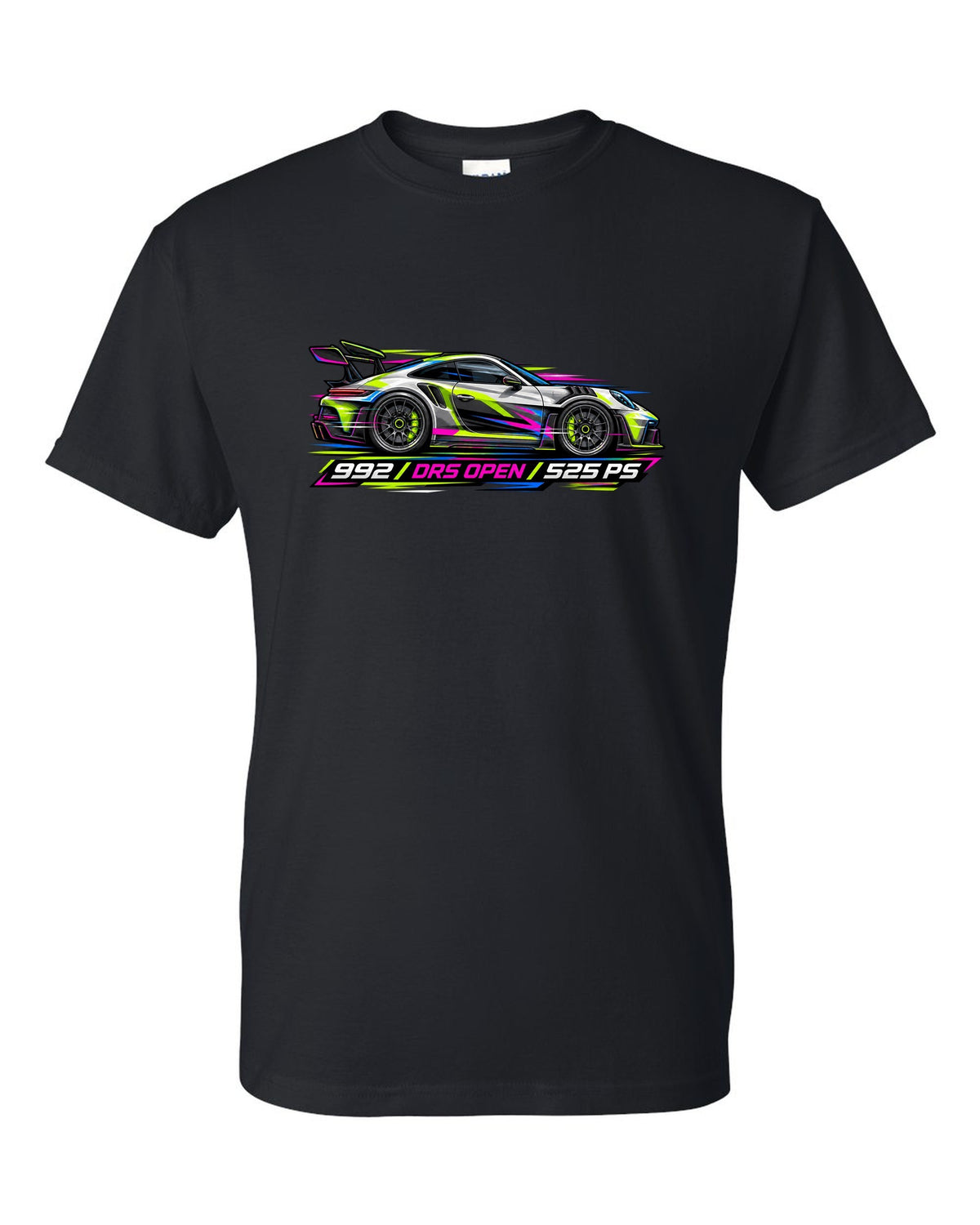 Cyberpunk neon vector artwork of a Porsche 911 GT3 RS 992 with DRS open black t-shirt front view with the design